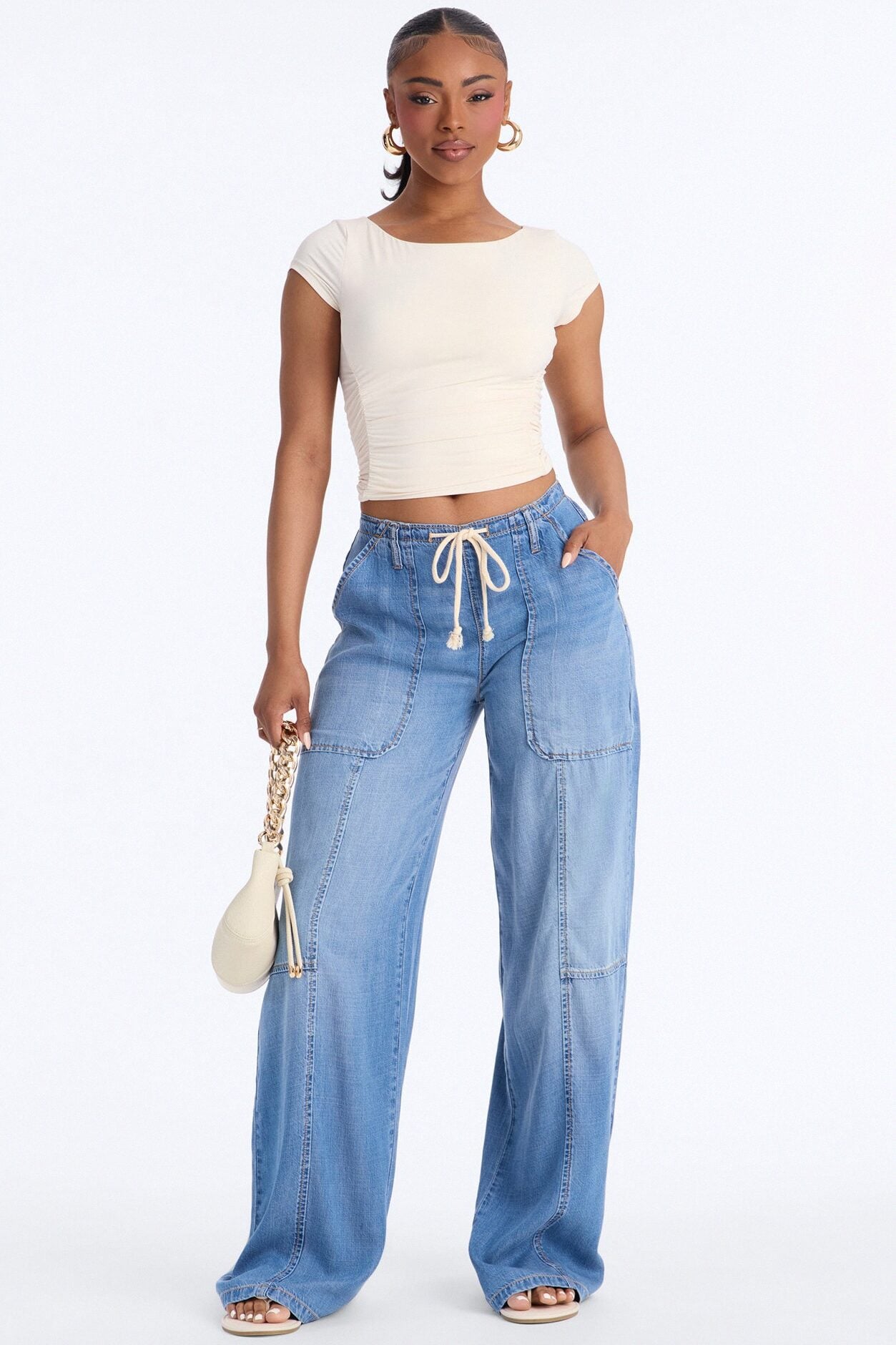 Travel Far Tie Waist Drapey Loose Jeans - Medium Wash image 1