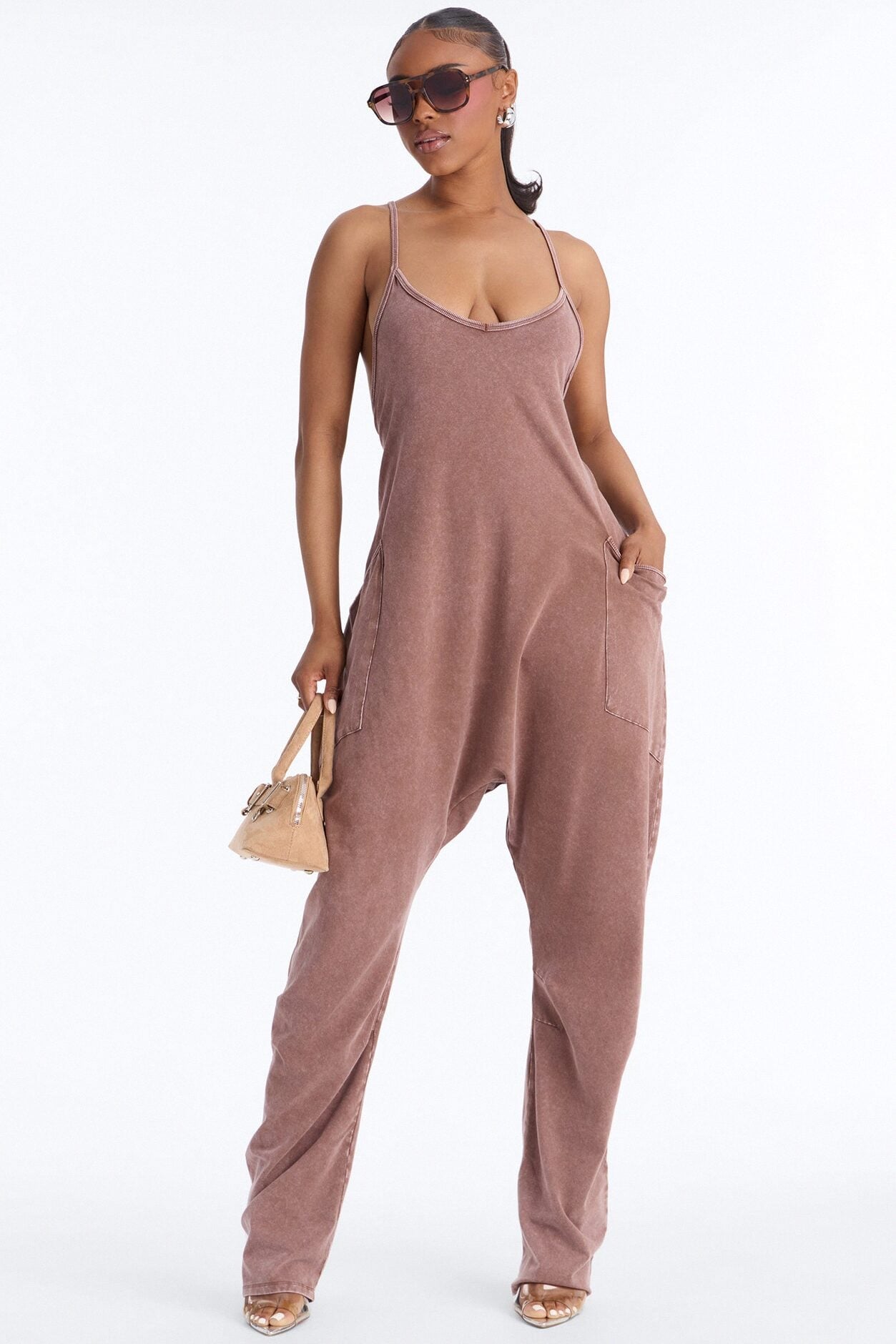 Baggy Days Washed Wide Leg Jumpsuit - Brown image 1