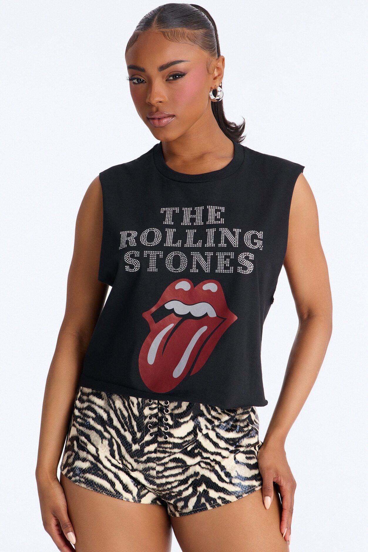 The Rolling Stones Cropped Muscle Tee With Rhinestones - Black image 1