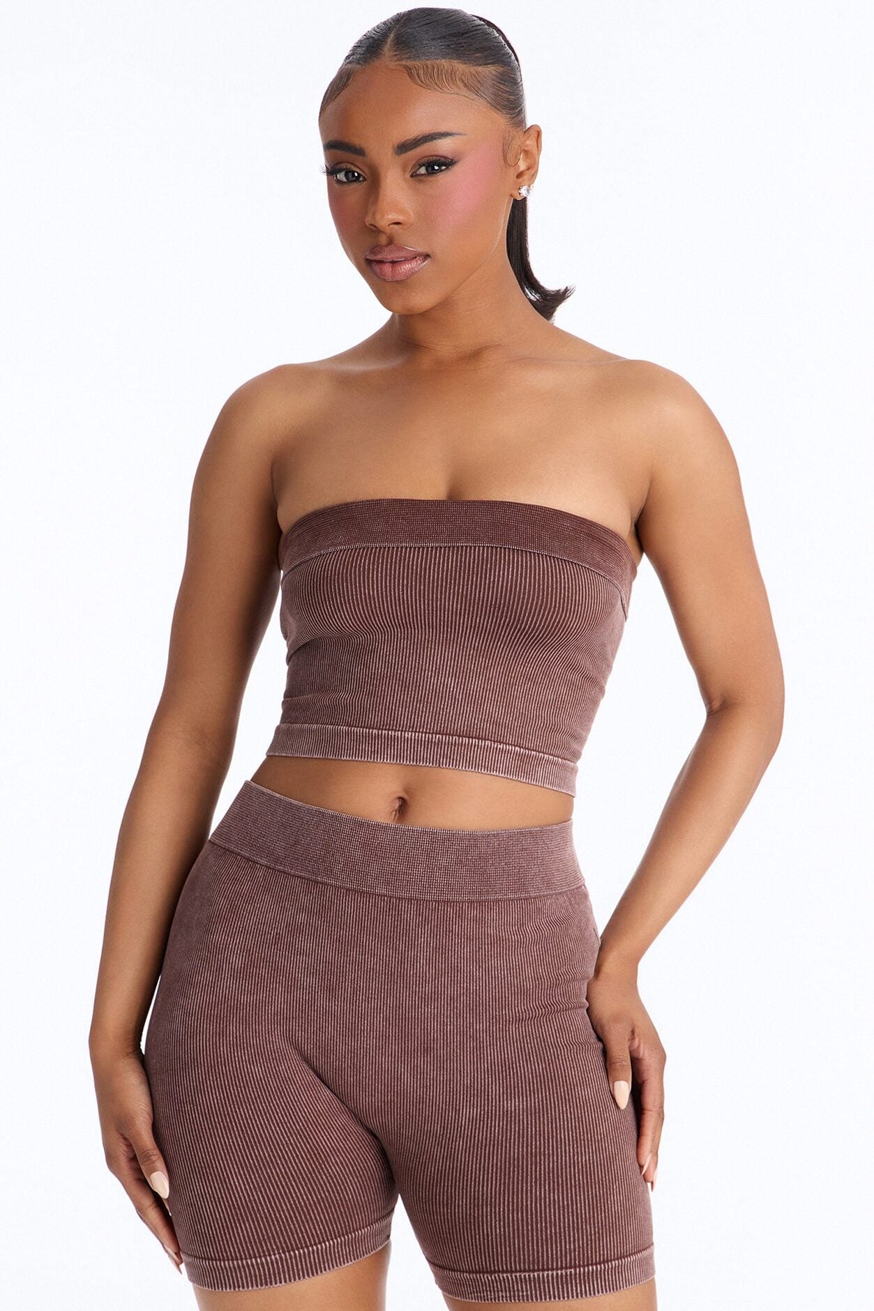 Off Duty Mineral Washed Strapless Short Set - Brown image 1