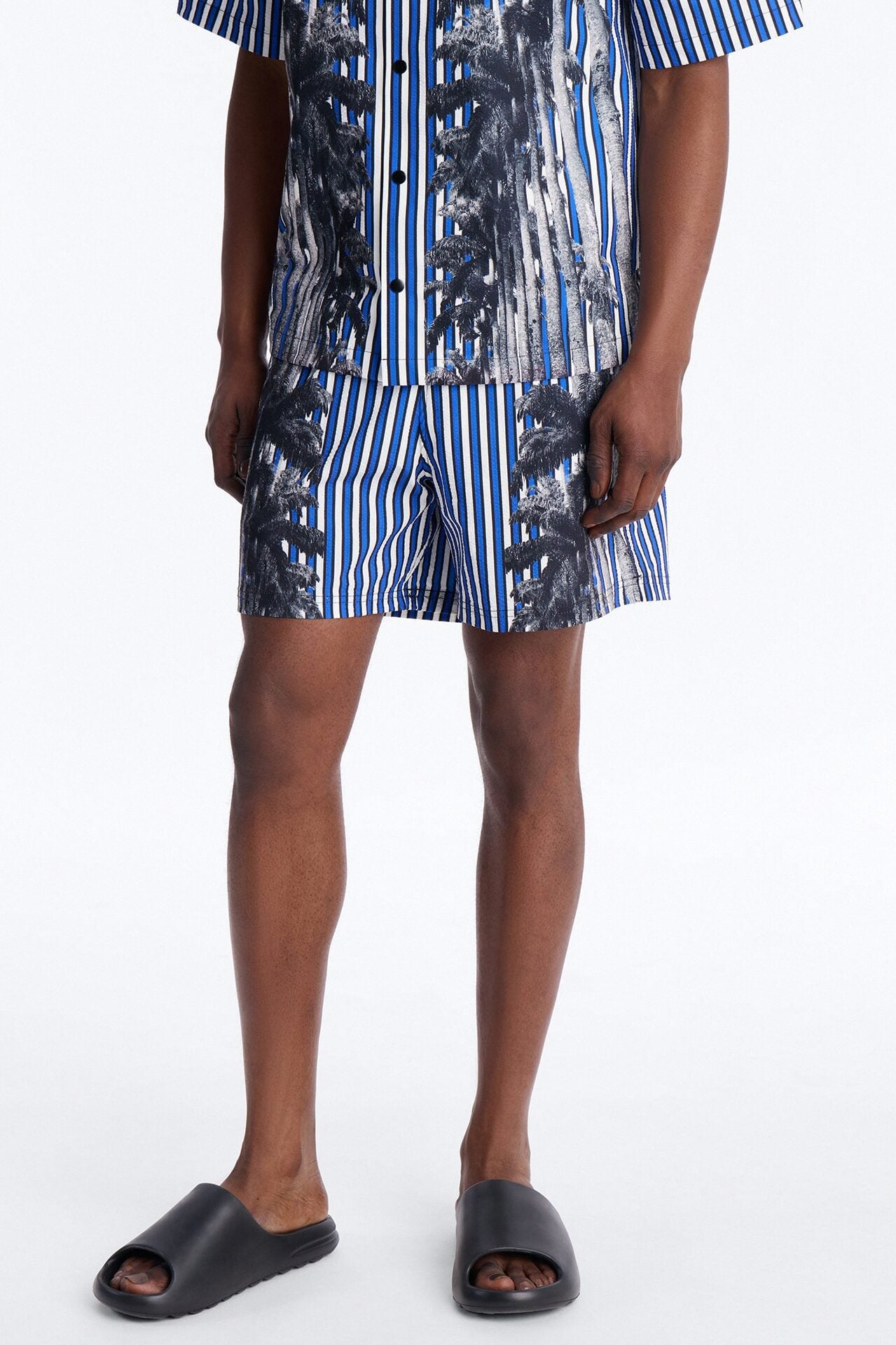 Palm Haven Striped Seersucker Swim Trunk 6″ - Blue image 1