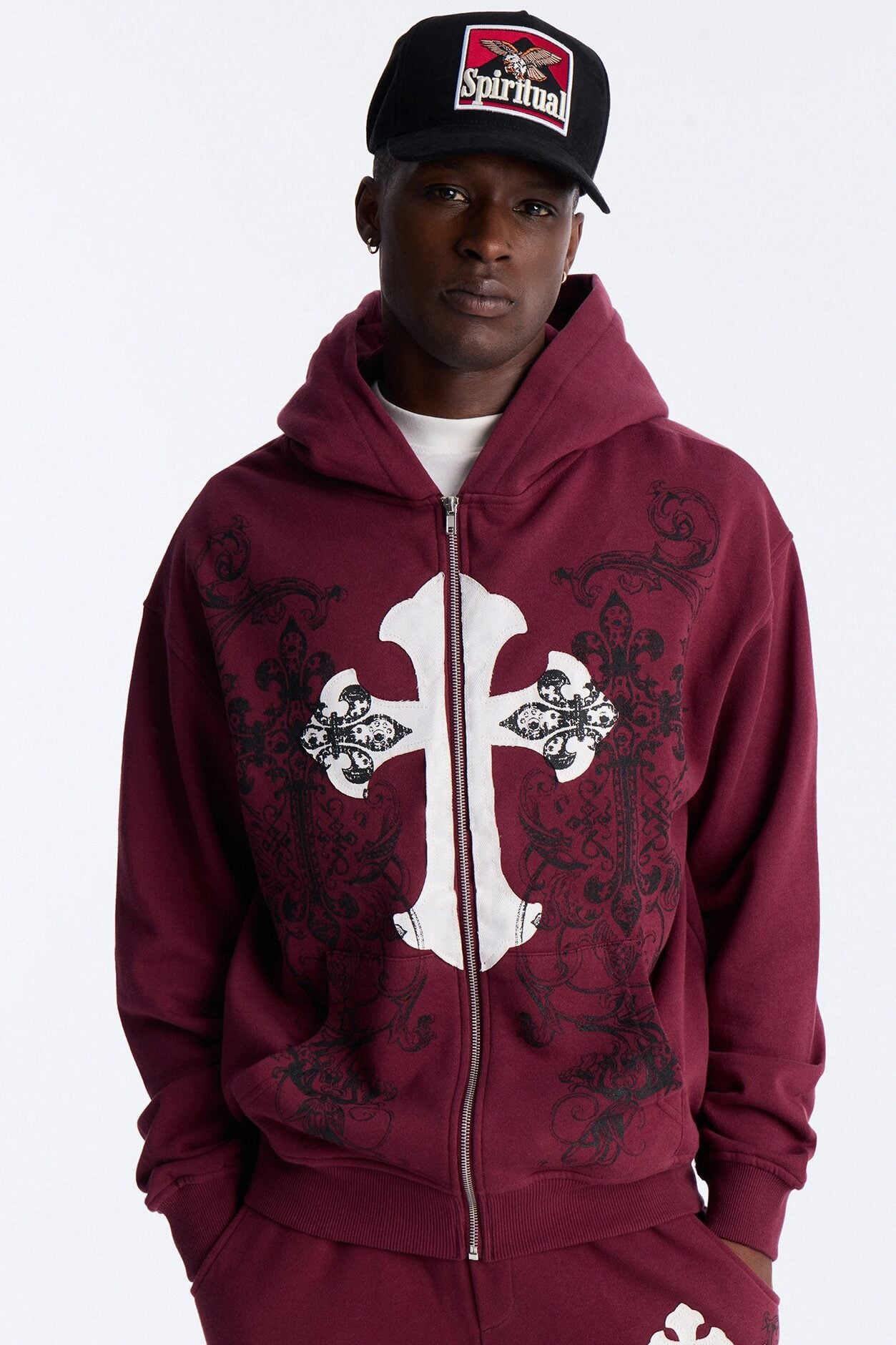 Cross Patch Zip Hoodie - Burgundy image 1
