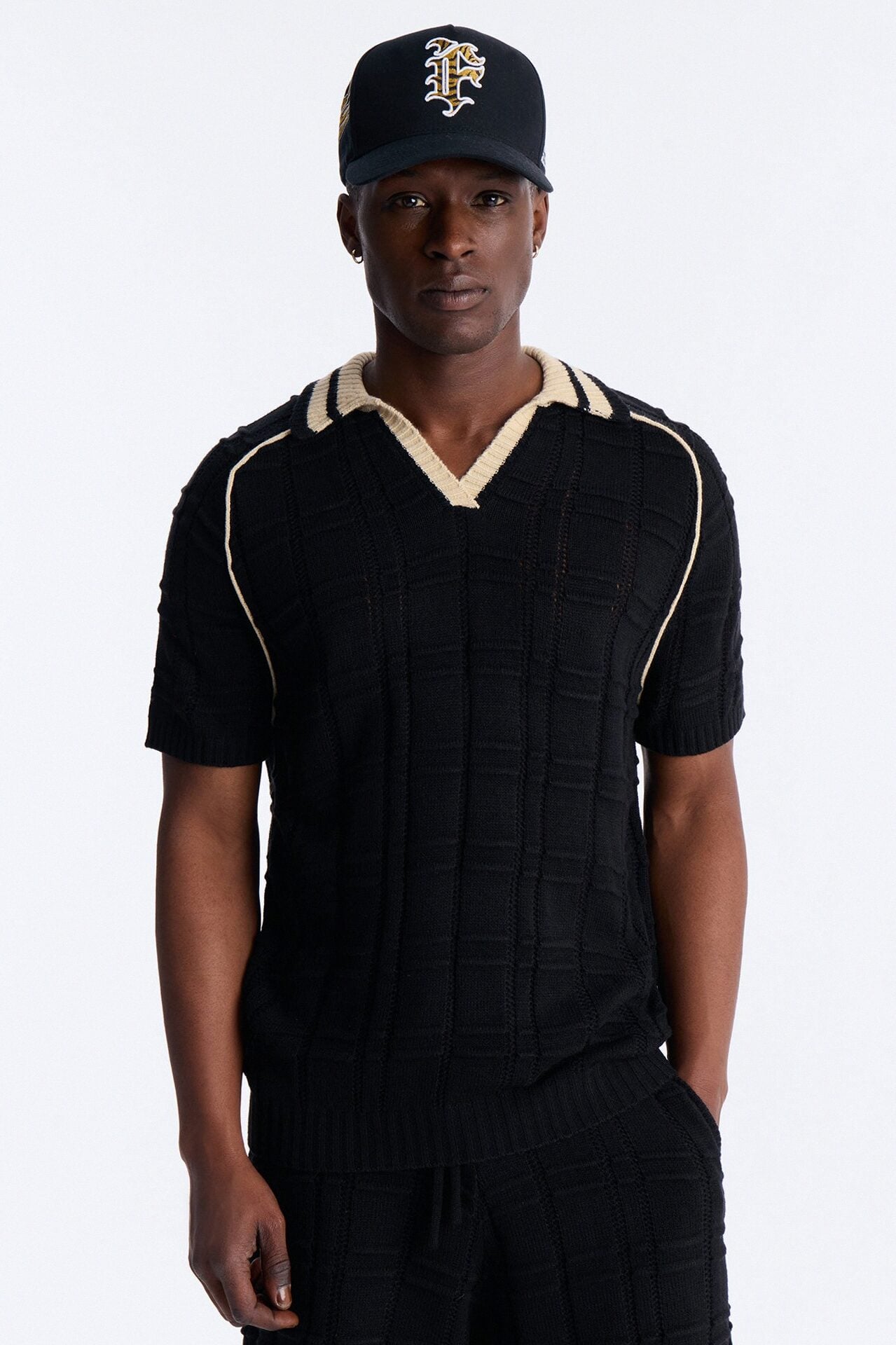 Relaxed Riviera Johnny Collar Knit Polo - Black image 1