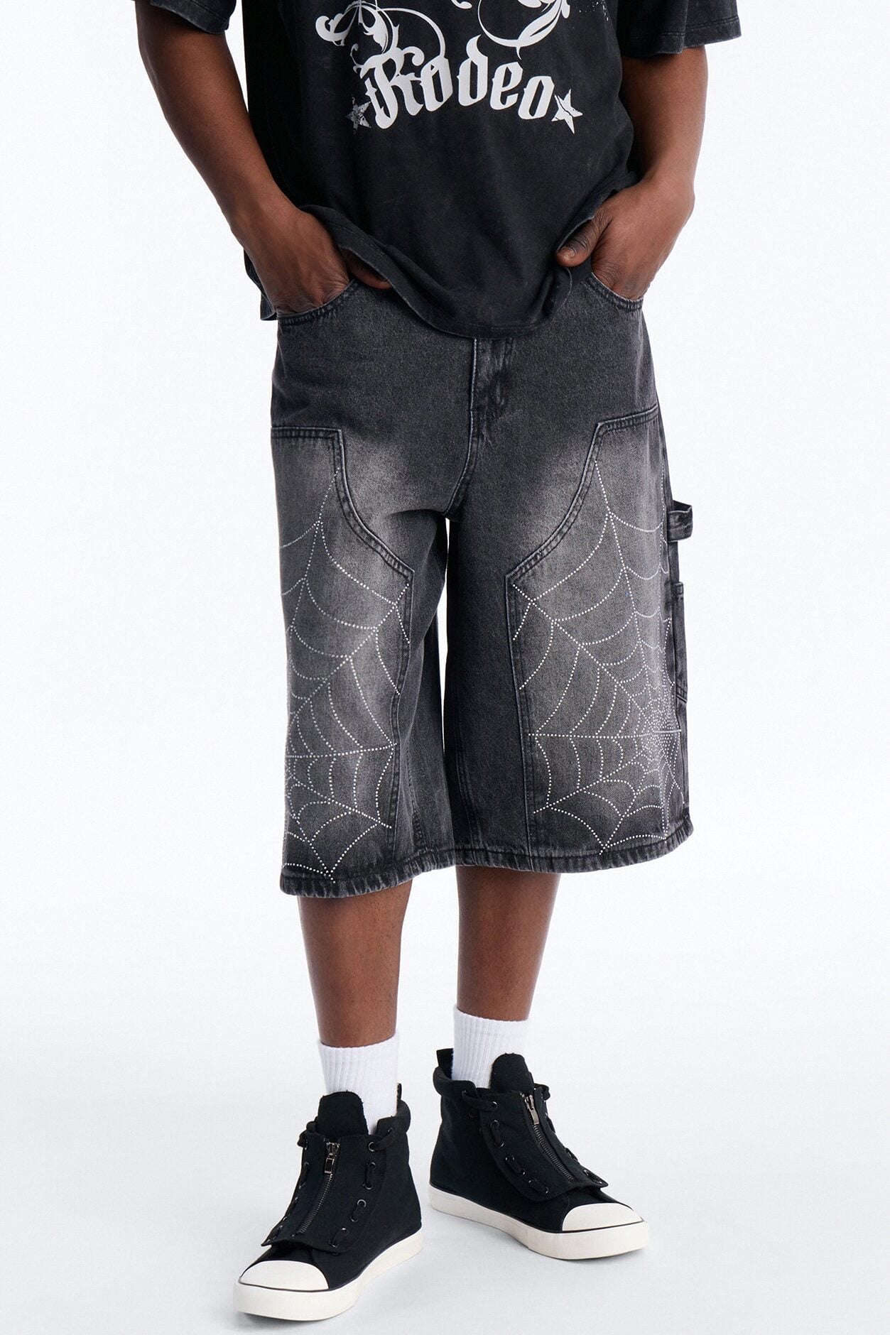 Baggy Jeweled Web Carpenter Denim Short - Black Wash image 1