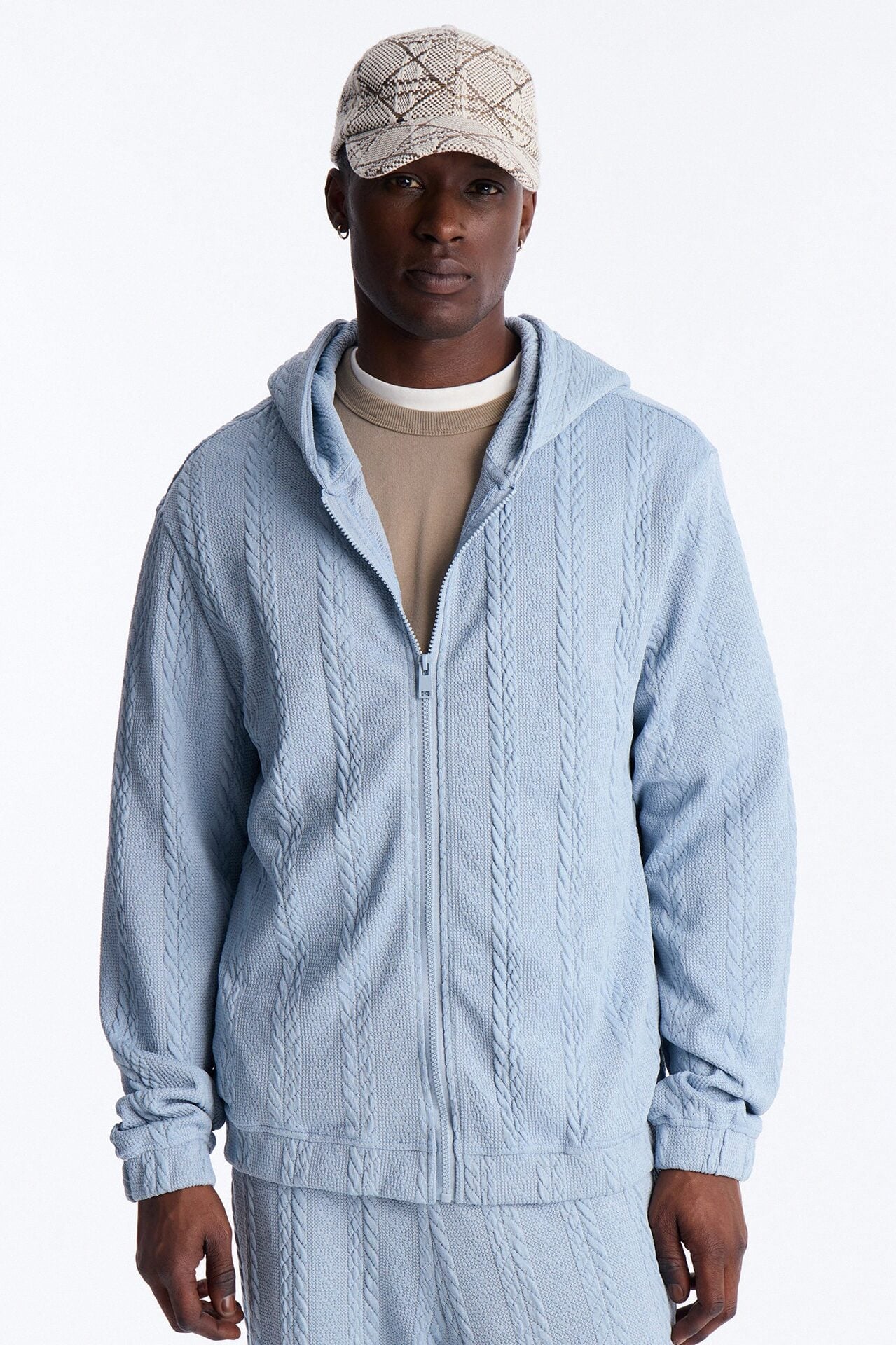 Textured Cozy Braided Hooded Jacket - Blue image 1