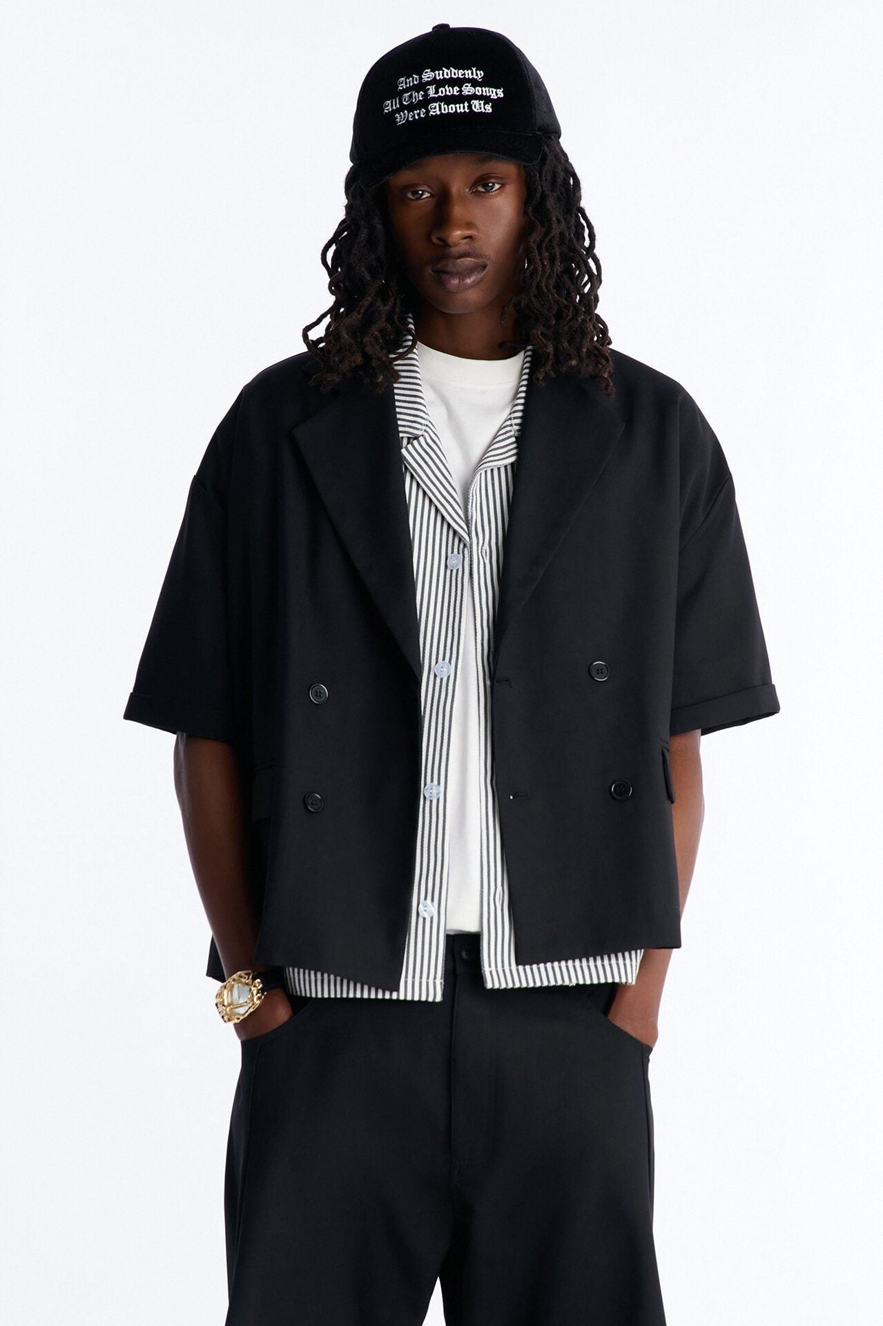 Boxy Cropped Icon Quad Button Shirt Blazer - Black image 1
