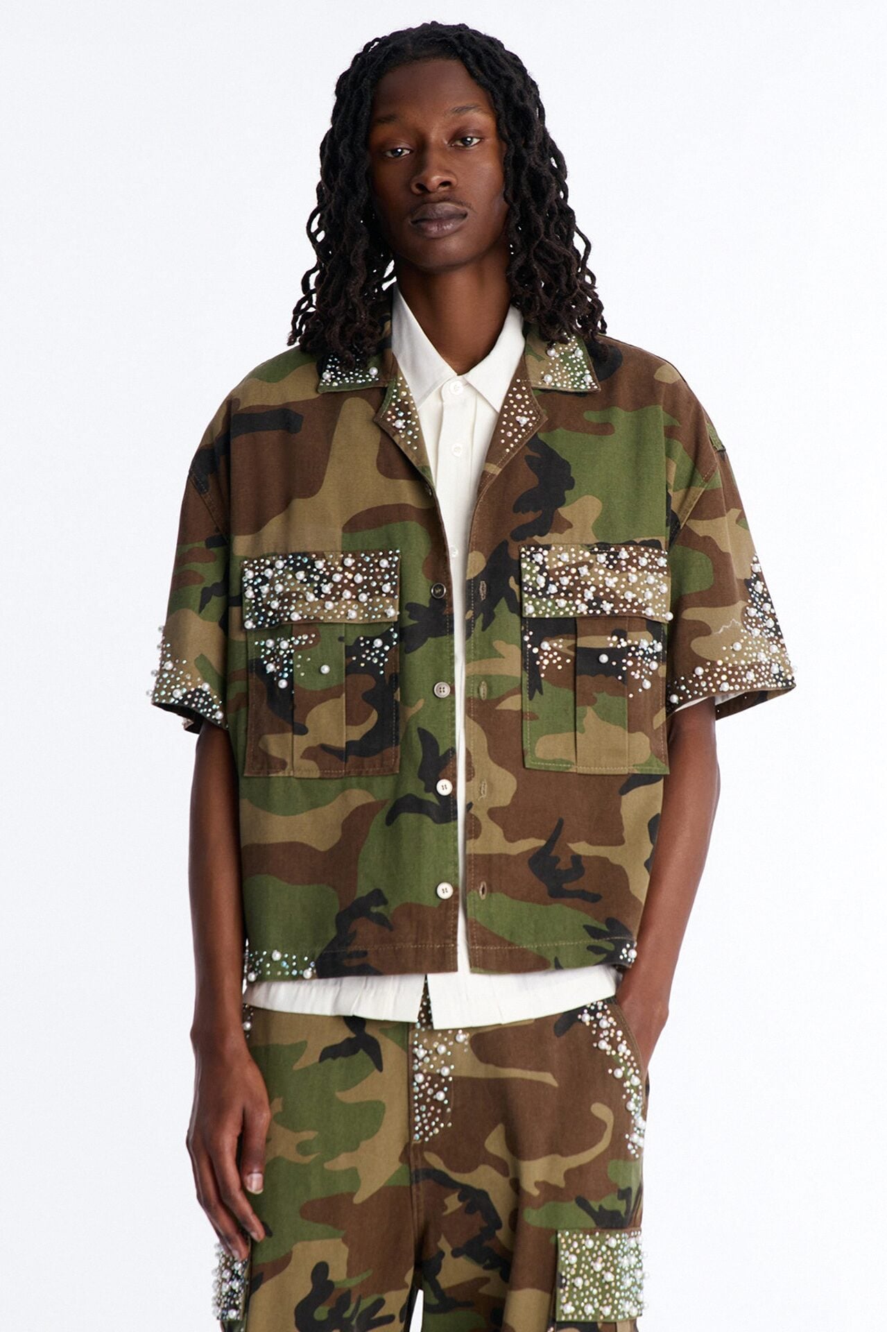 Cropped Pearl World Embellished Shirt - Camouflage image 1