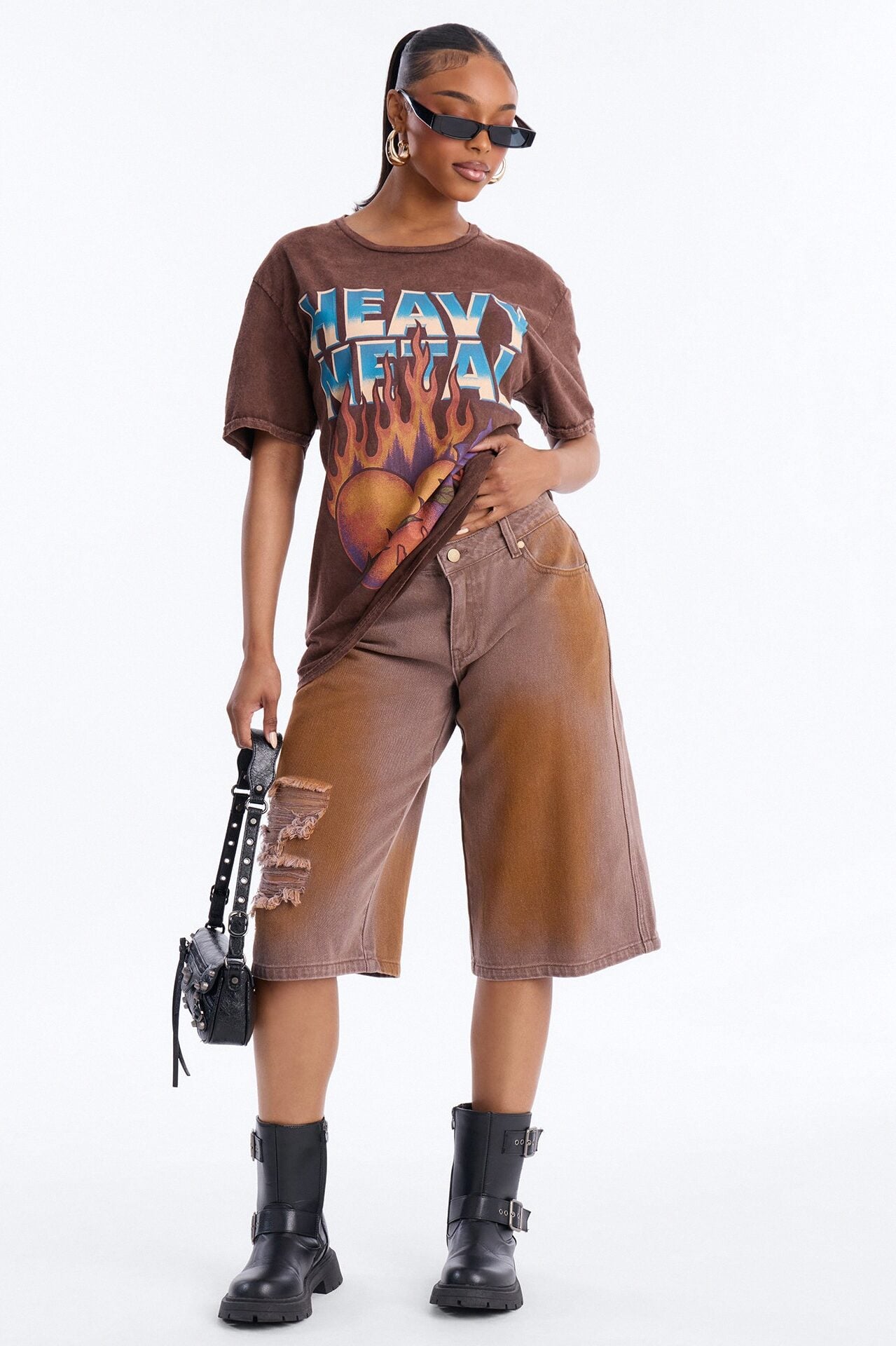 Heavy Metal Flaming Heart Washed Tee - Brown image 1