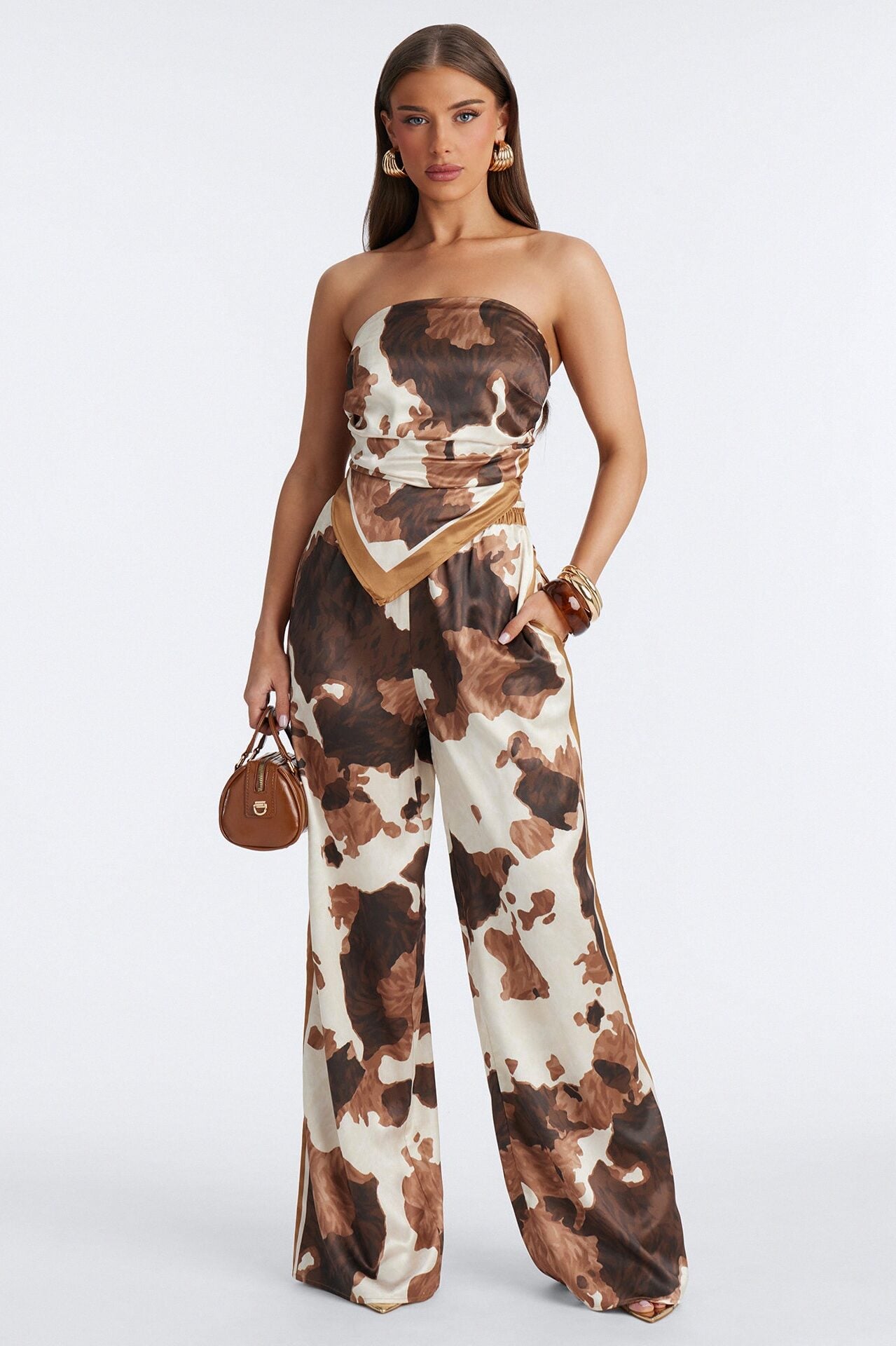 Noelle Cow Print Satin Pant Set - Brown/combo image 1
