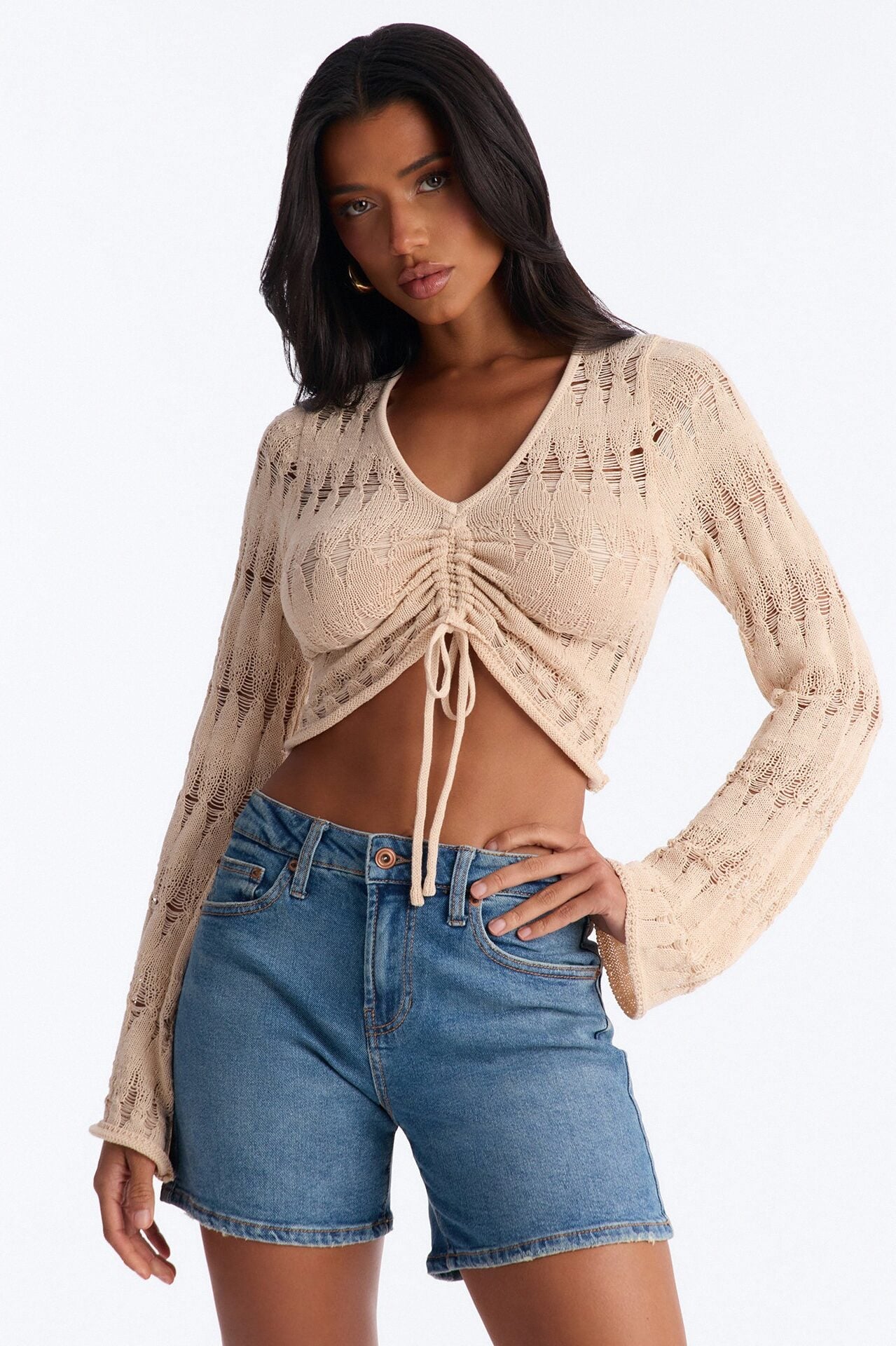 Spring Kissed Ruched Crochet Sweater Top - Natural image 1