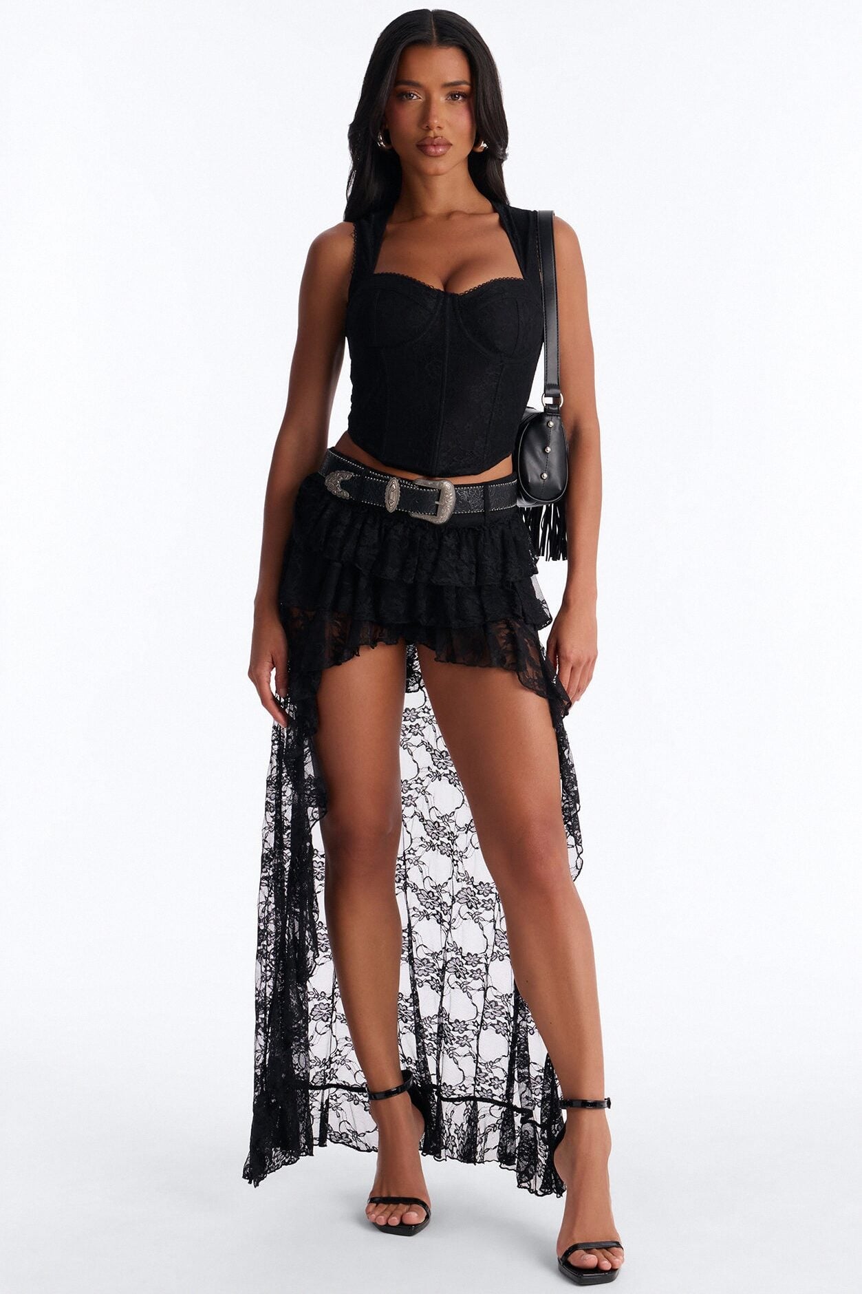 Stolen Moments Belted Lace High Low Skort - Black image 1
