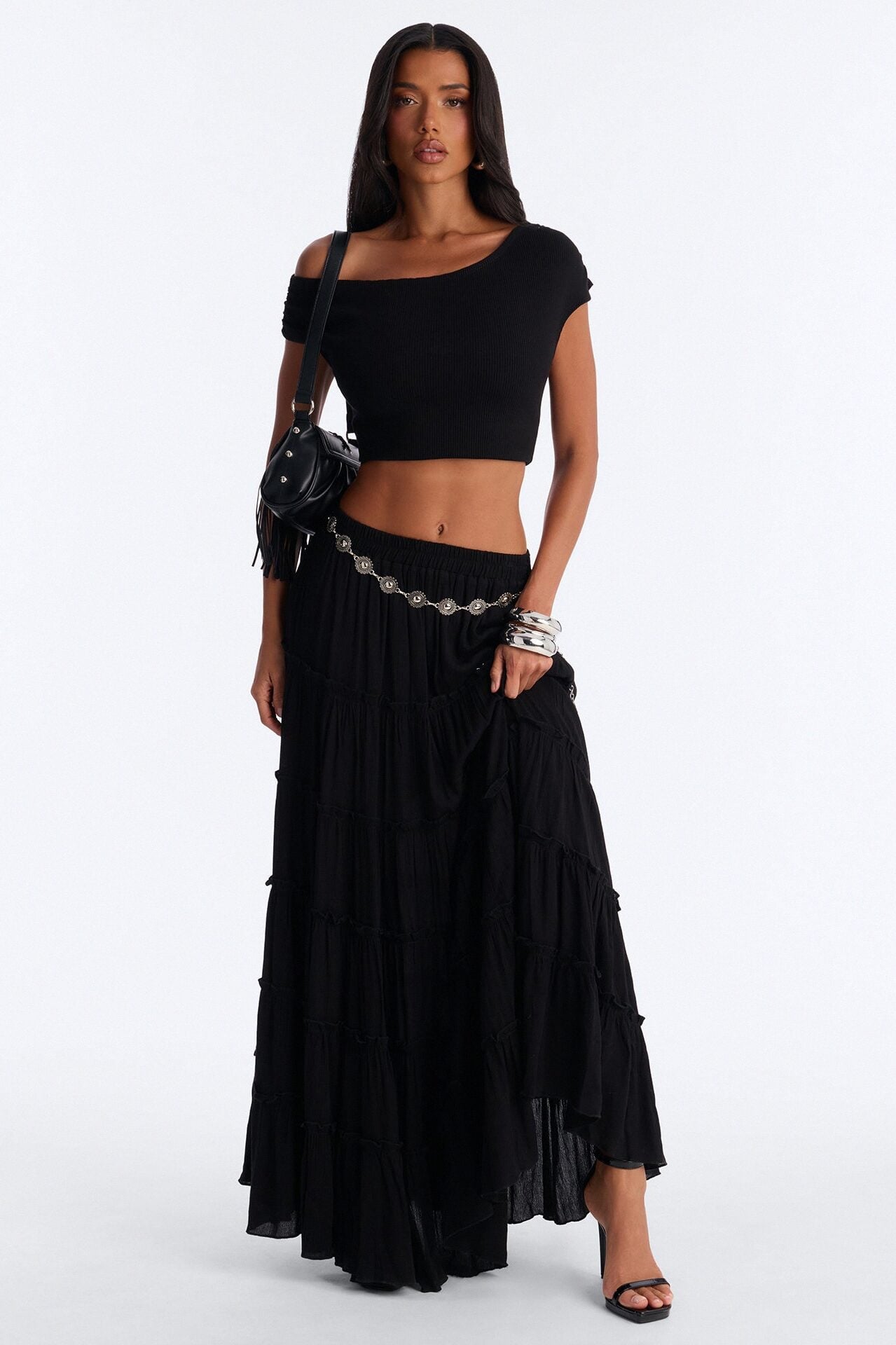 Free Spirit Low Rise Belted Tiered Maxi Skirt - Black image 1