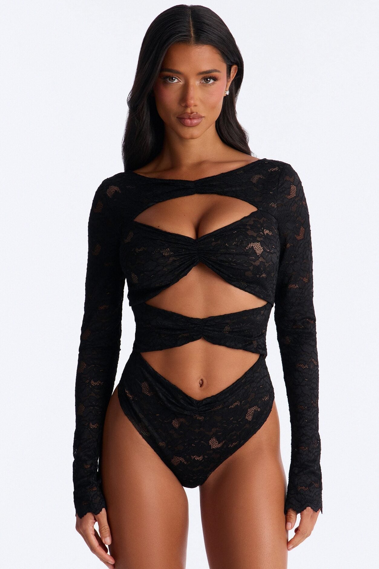 Stunner Lace Long Sleeve Bodysuit - Black image 1