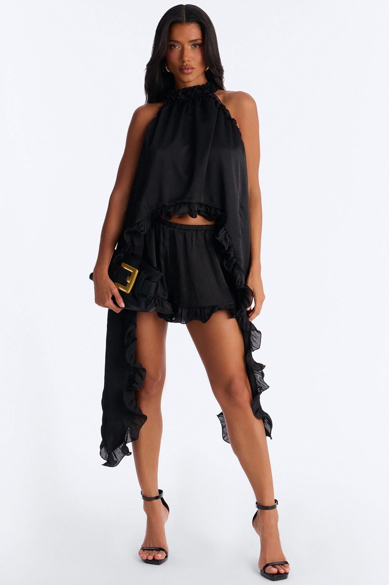 Ariella Ruffle Satin Short Set - Black image 1