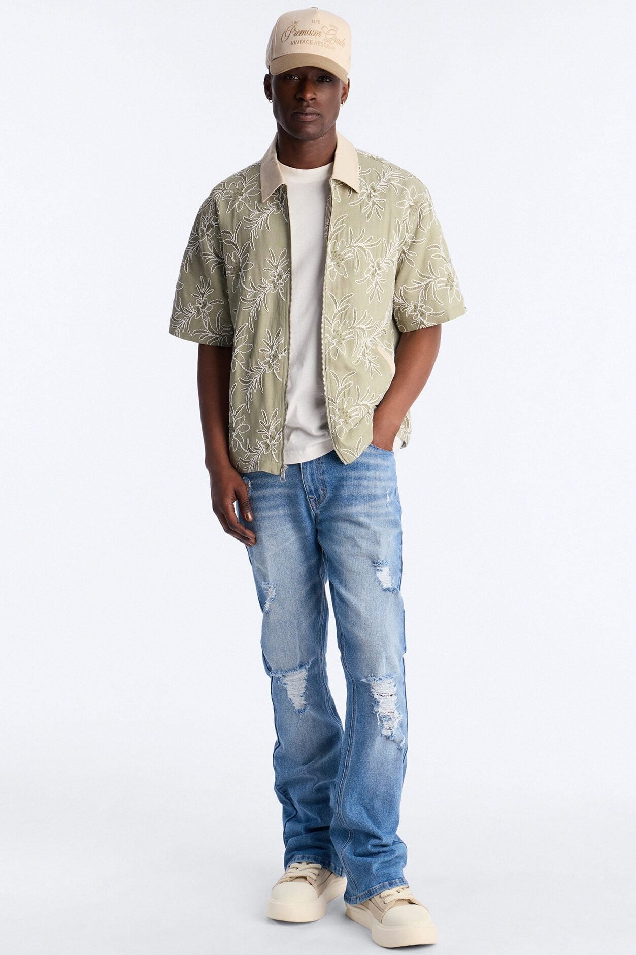 Relaxed Island Riot Embroidered Zip Shirt - Olive image 1