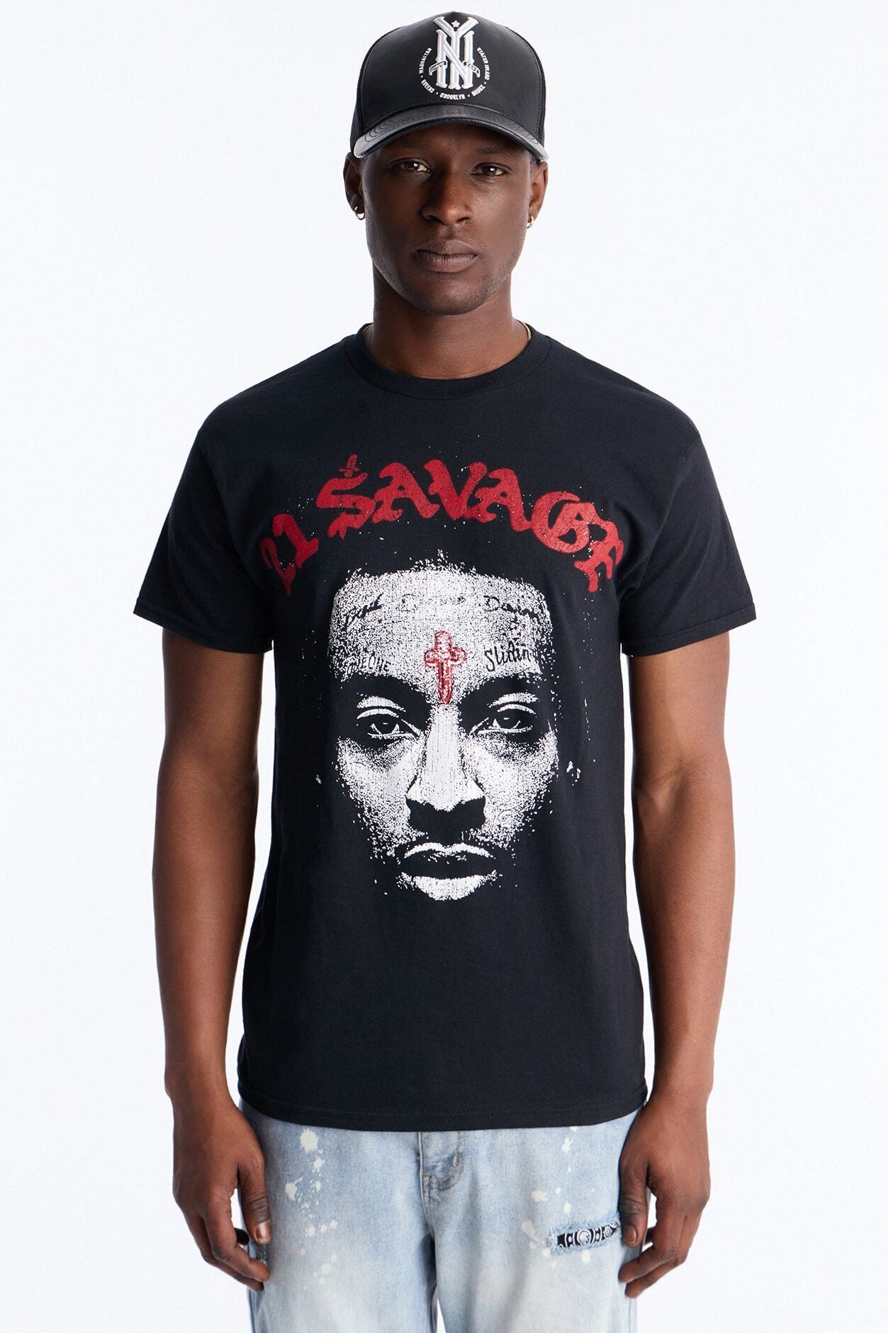 21 Savage Distressed Short Sleeve Tee - Black image 1