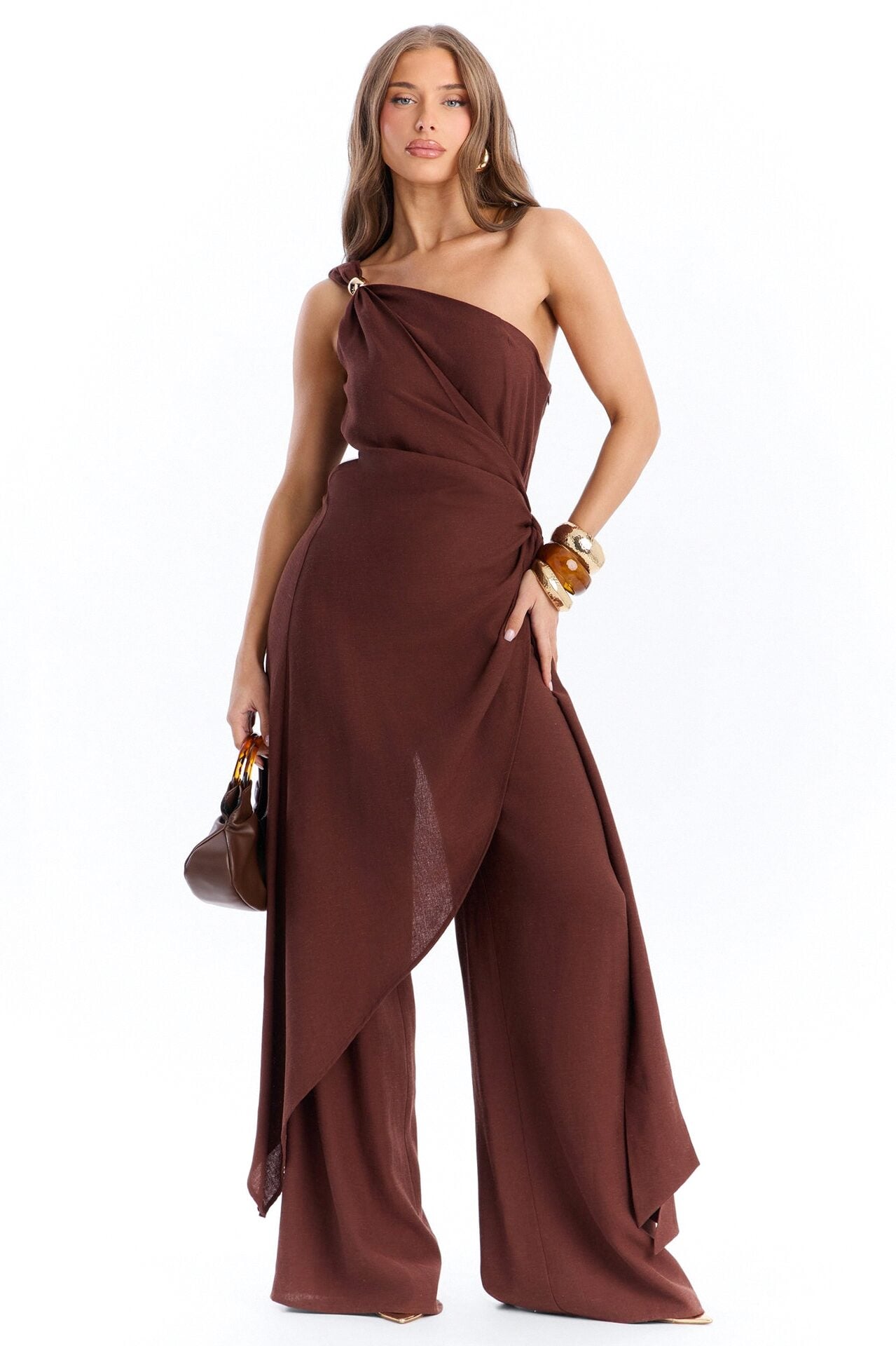 Zena Off Shoulder Draped Jumpsuit - Chocolate image 1
