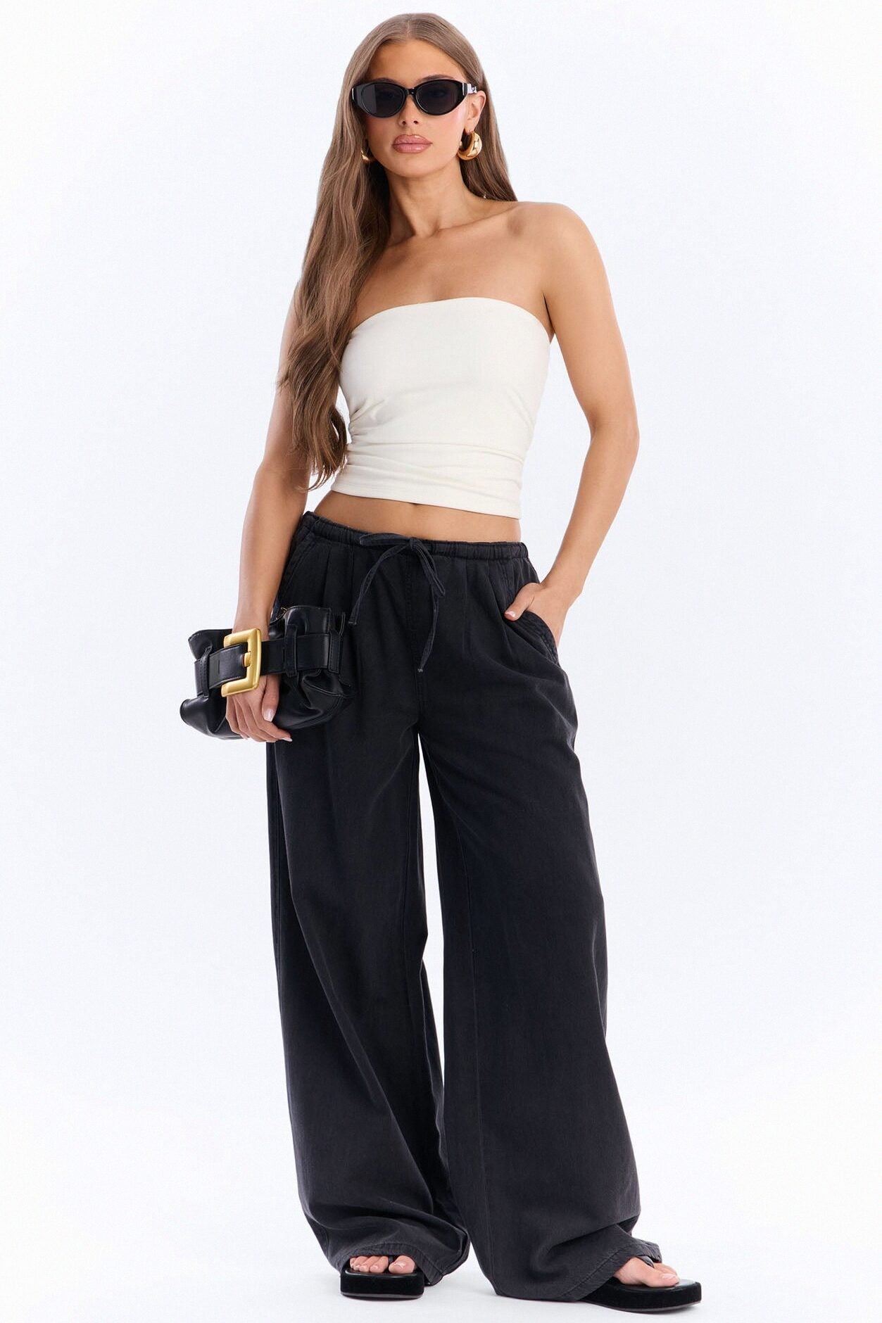 Baeside Tie Waist Wide Leg Jeans - Black image 1