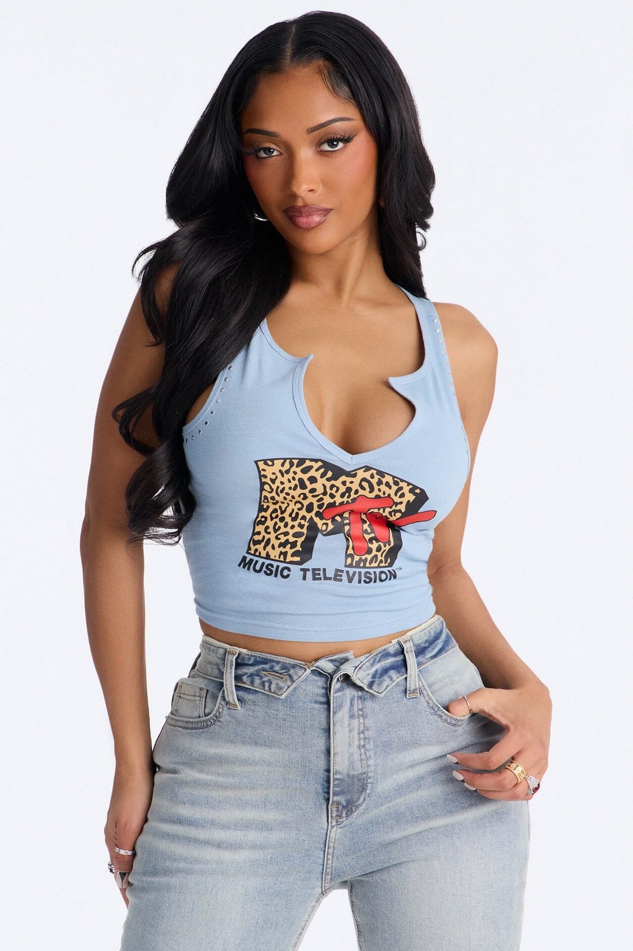 MTV Studded Notch Neck Tank - Dusty Blue image 1