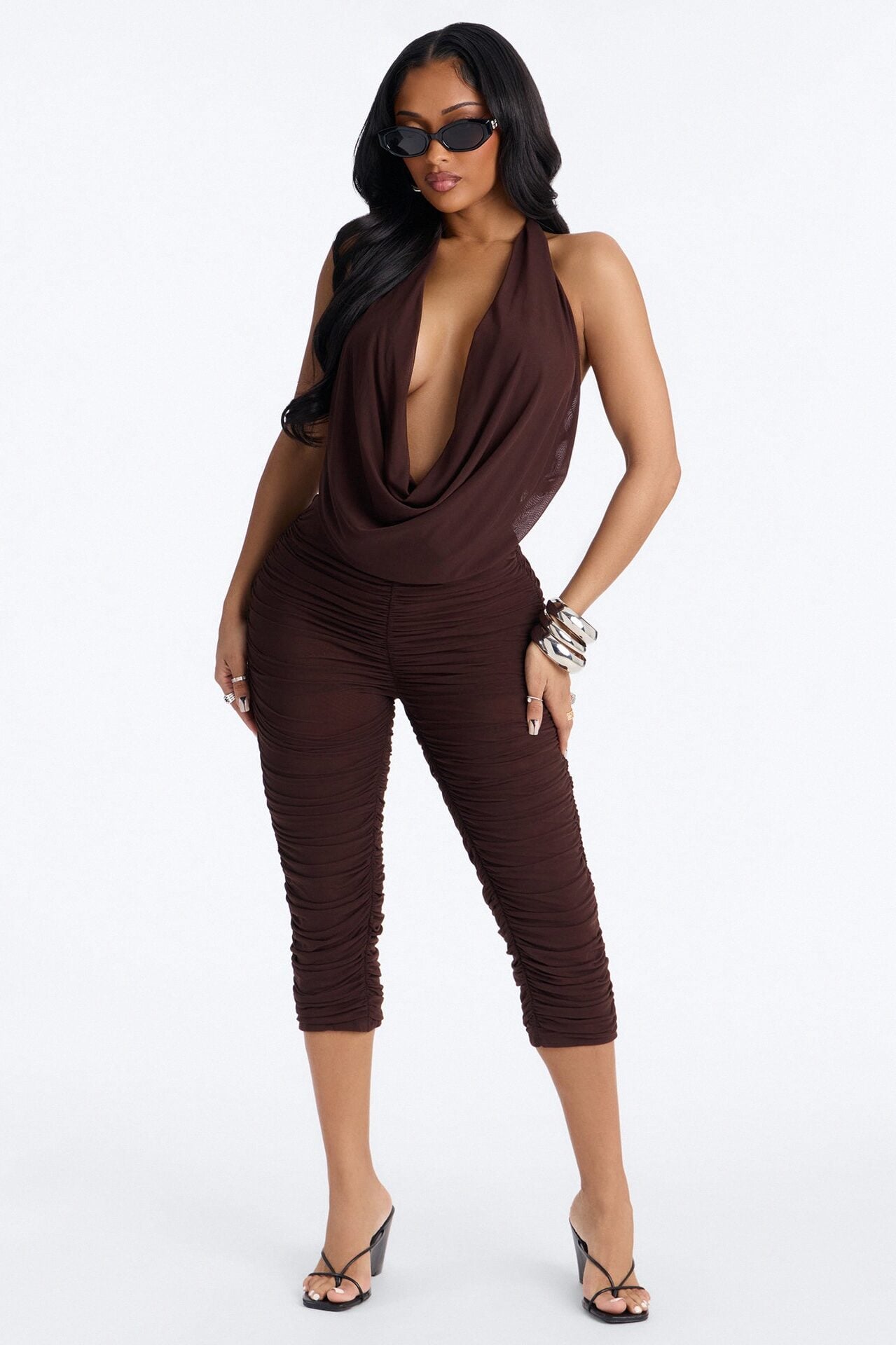 Shayla Ruched Mesh Capri Jumpsuit - Chocolate image 1