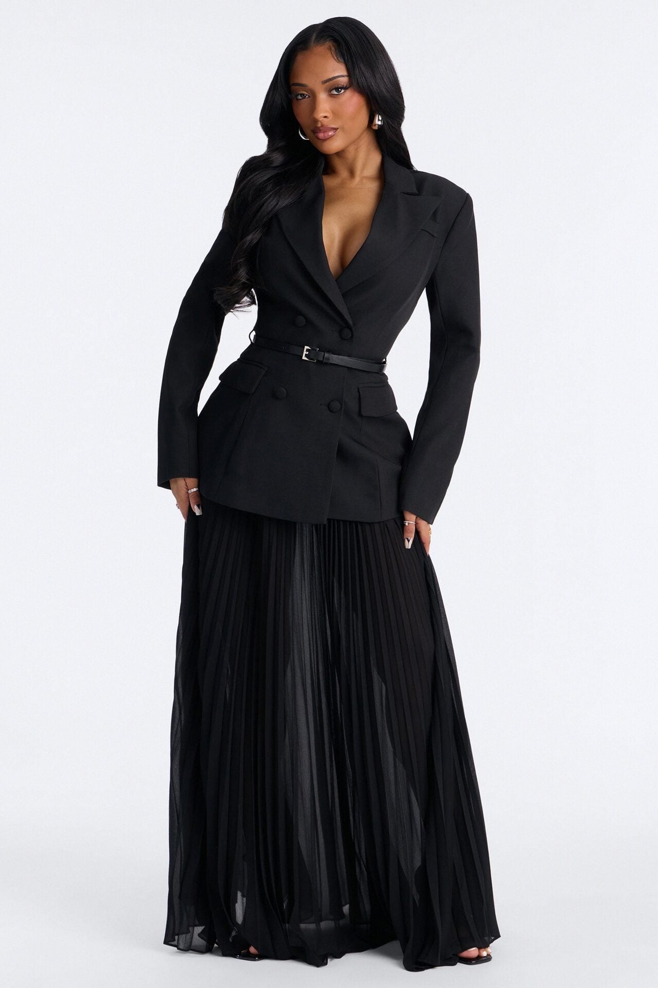Aria Belted Long Sleeve Blazer Pleated Skirt Set - Black image 1