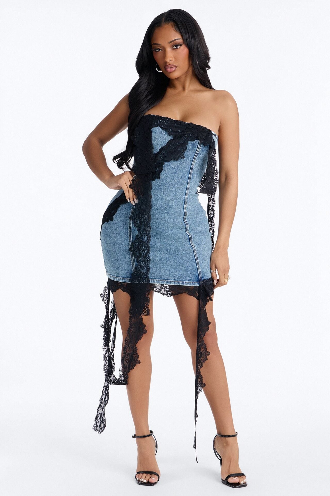 Lizzie Lace Trim Stretch Denim Mini Dress - Medium Wash image 1