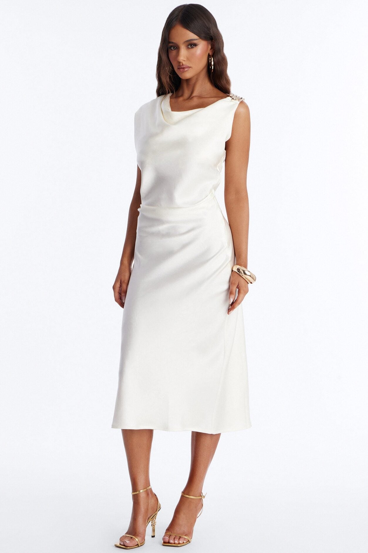 Jazlyn Ruched Satin Midi Dress - White image 1