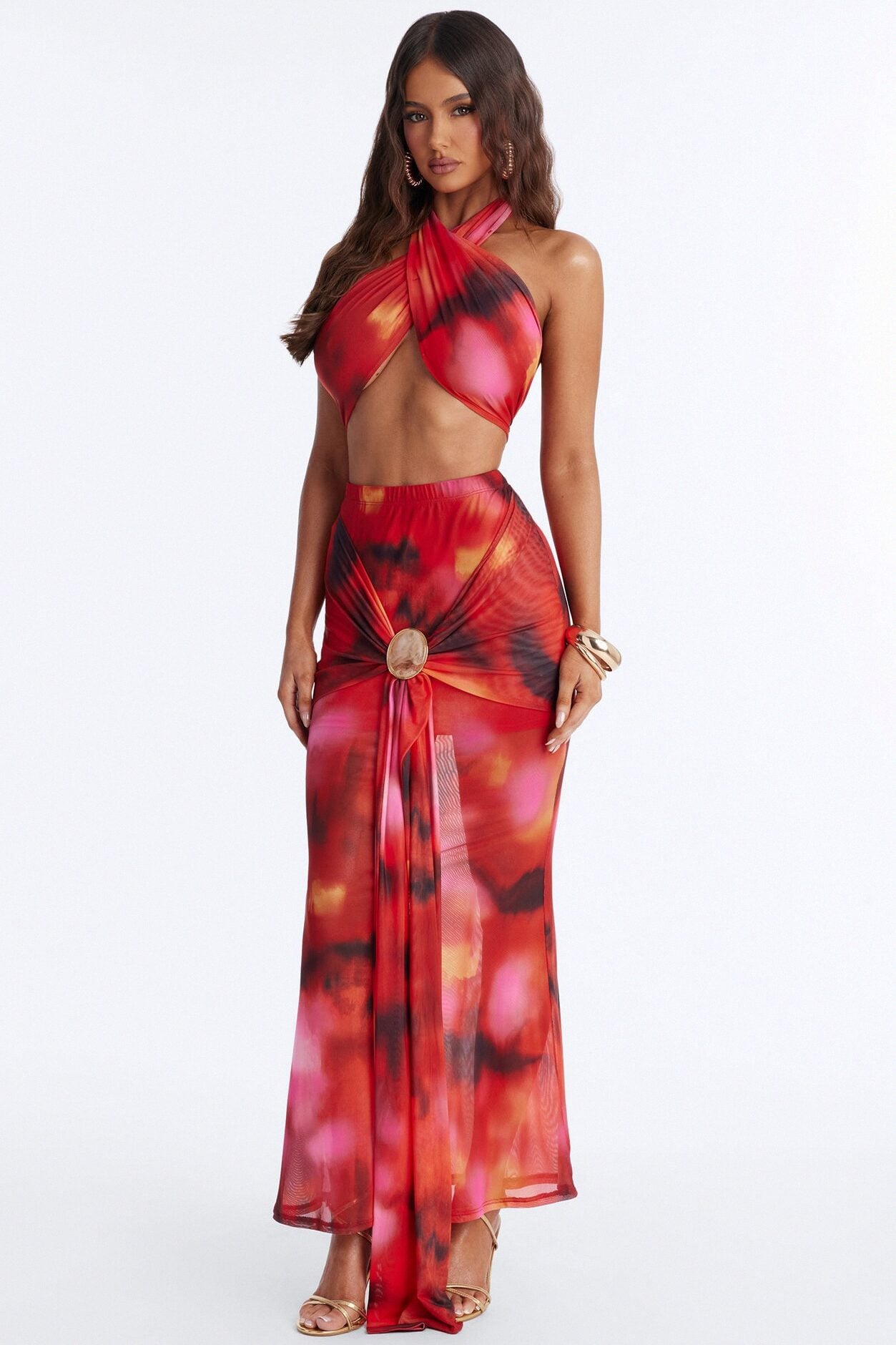 Darci Mesh Halter Maxi Skirt Set - Red/combo image 1