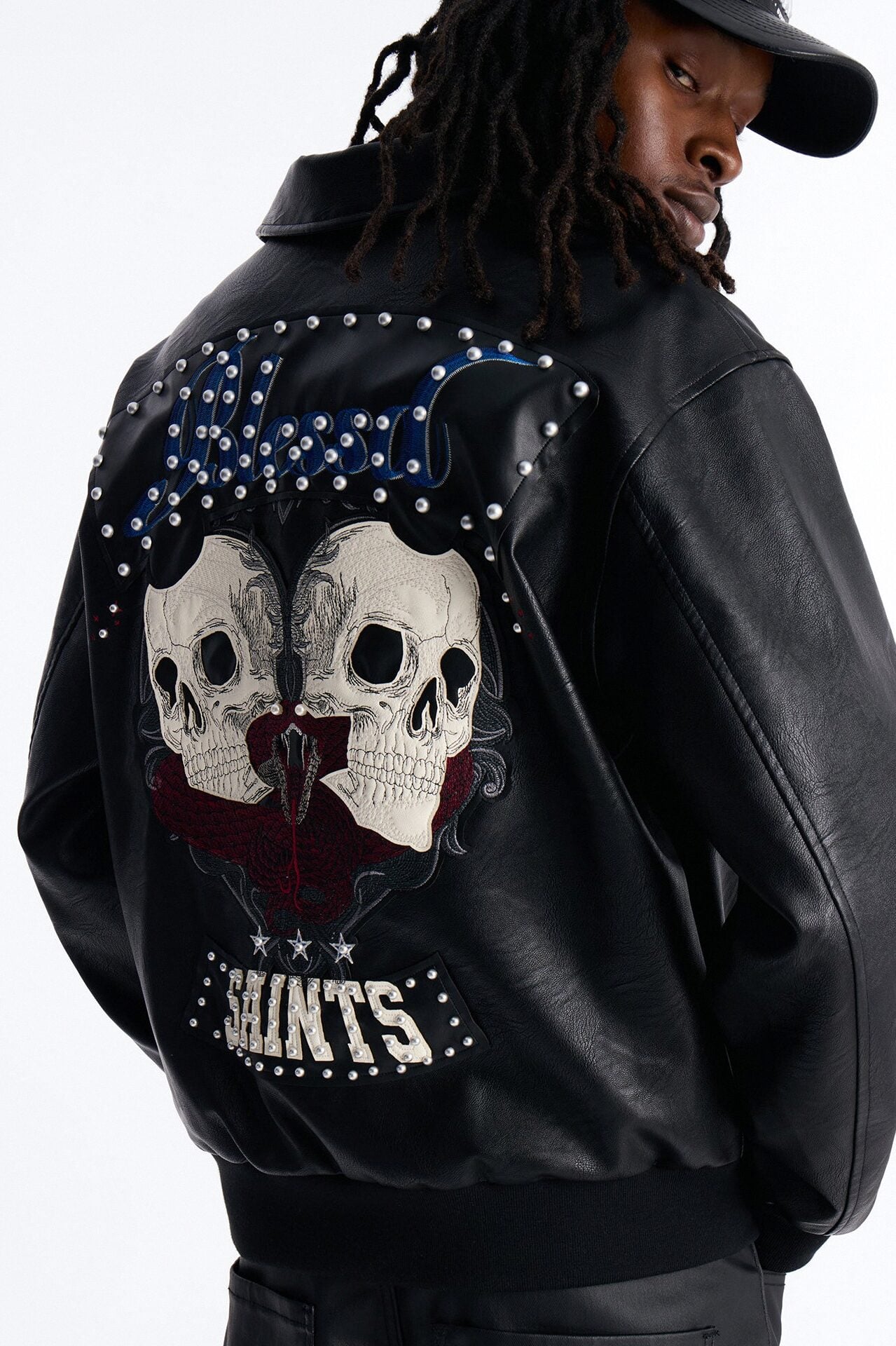 Crimson Blessed Faux Leather Studded Bomber Jacket - Black image 1