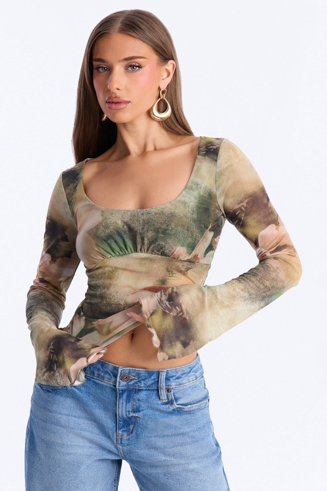 Garden Kiss Mesh Scoop Neck Long Sleeve Top - Green/combo image 1