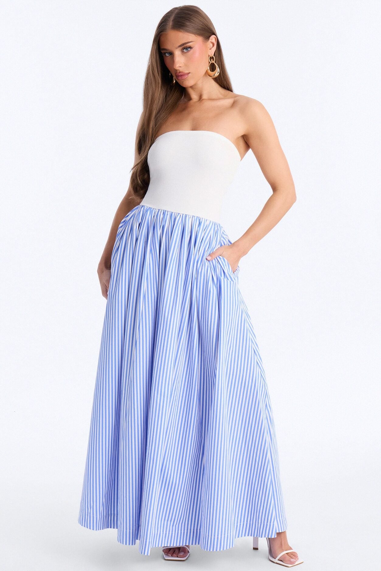 Kaia Strapless Poplin Maxi Dress - White/Blue image 1