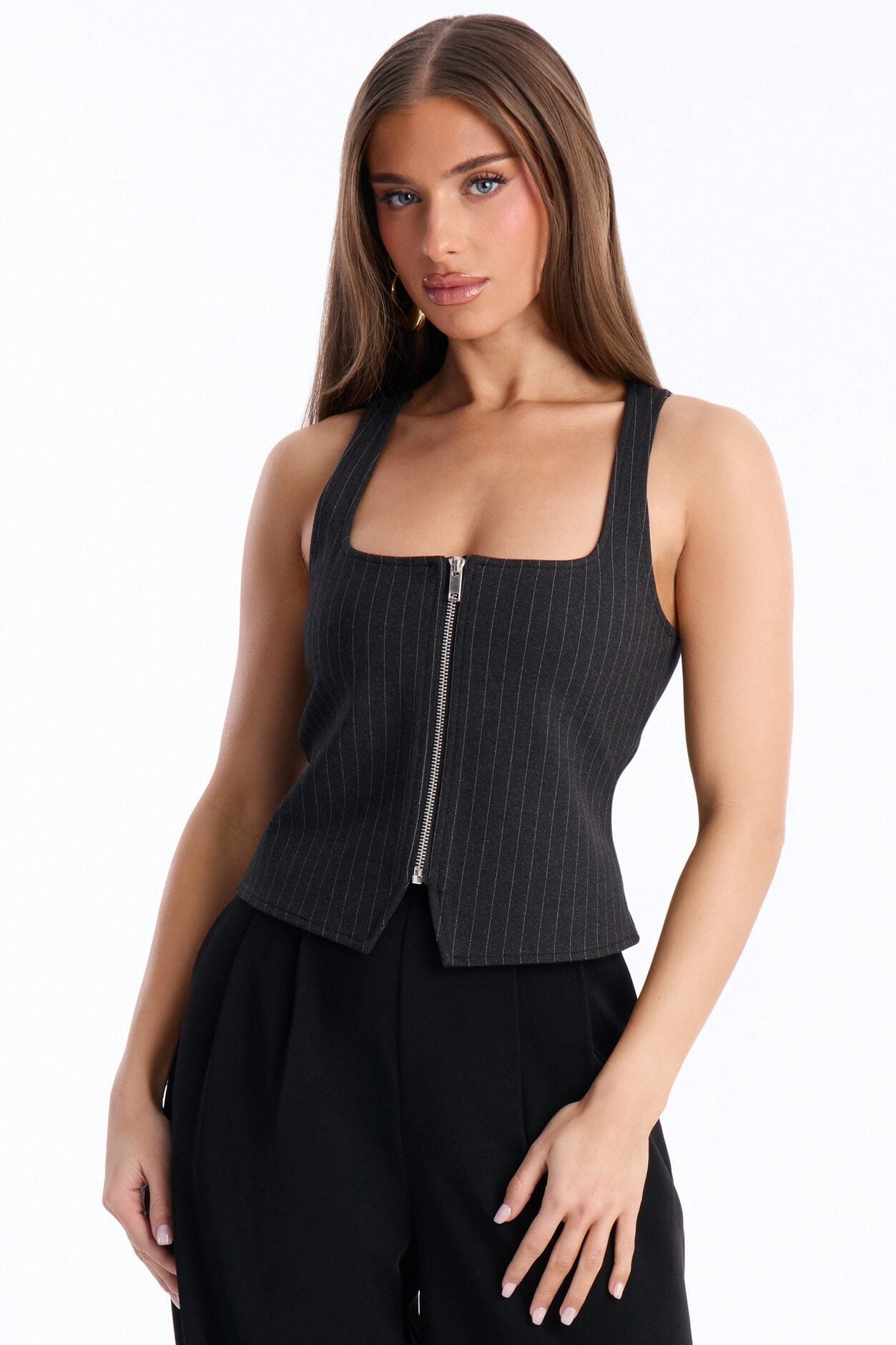 Looking Iconic Front Zip Pinstripe Tank Top - Black/combo image 1