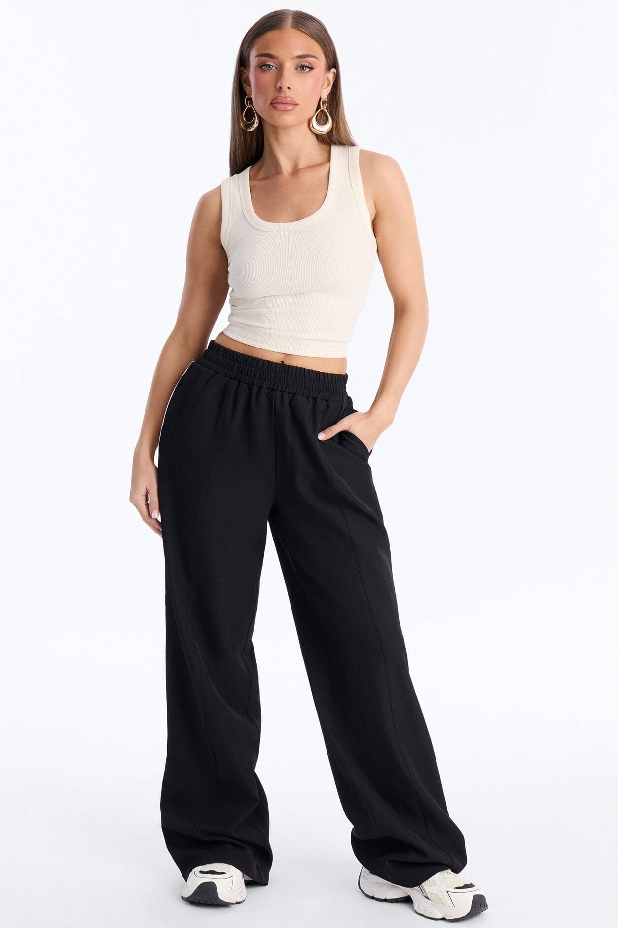 Charlotte Mid Rise Athletic Stripe Wide Leg Pant 33″ - Black/combo image 1