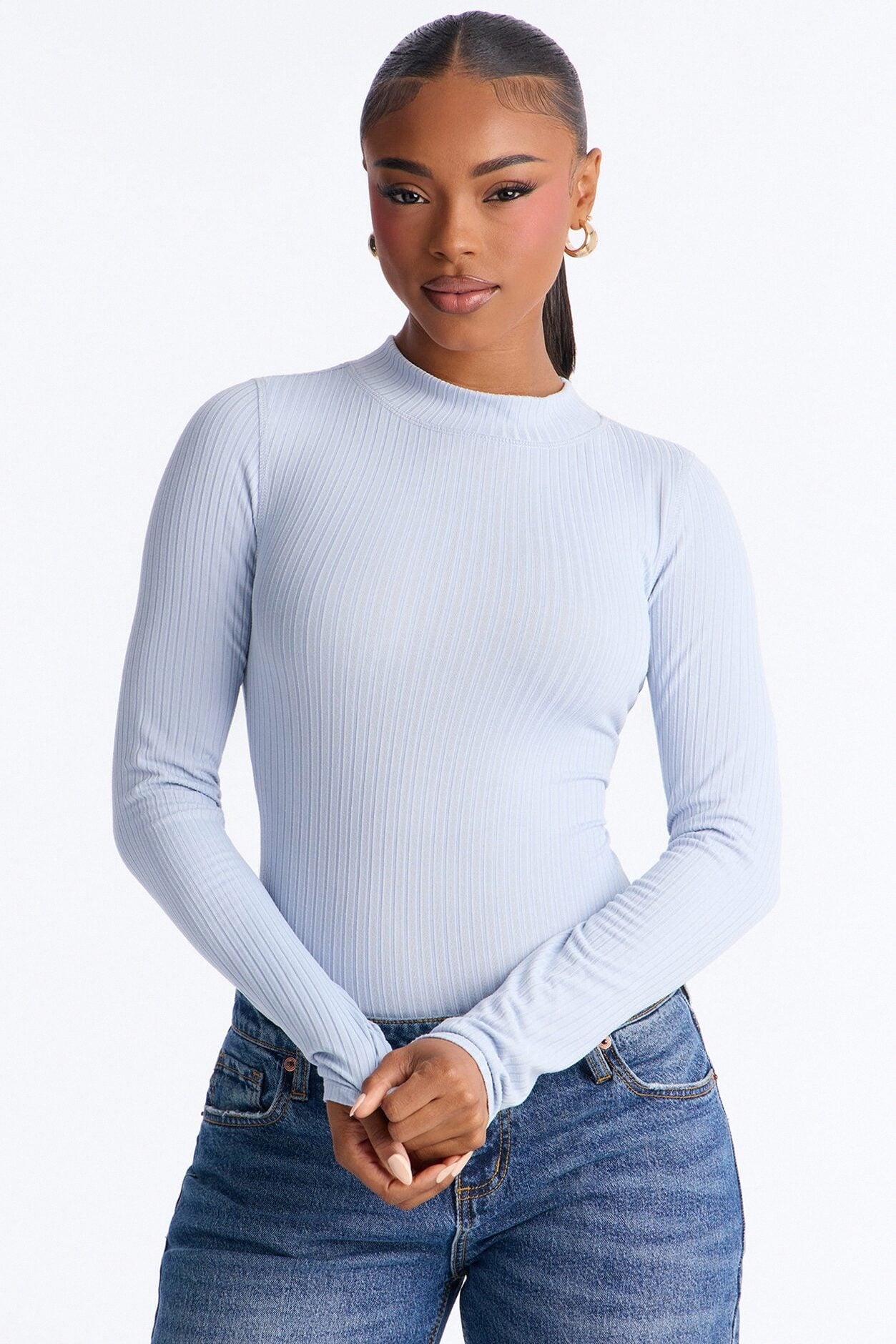 Rita Ribbed Long Sleeve Tee - Dusty Blue image 1