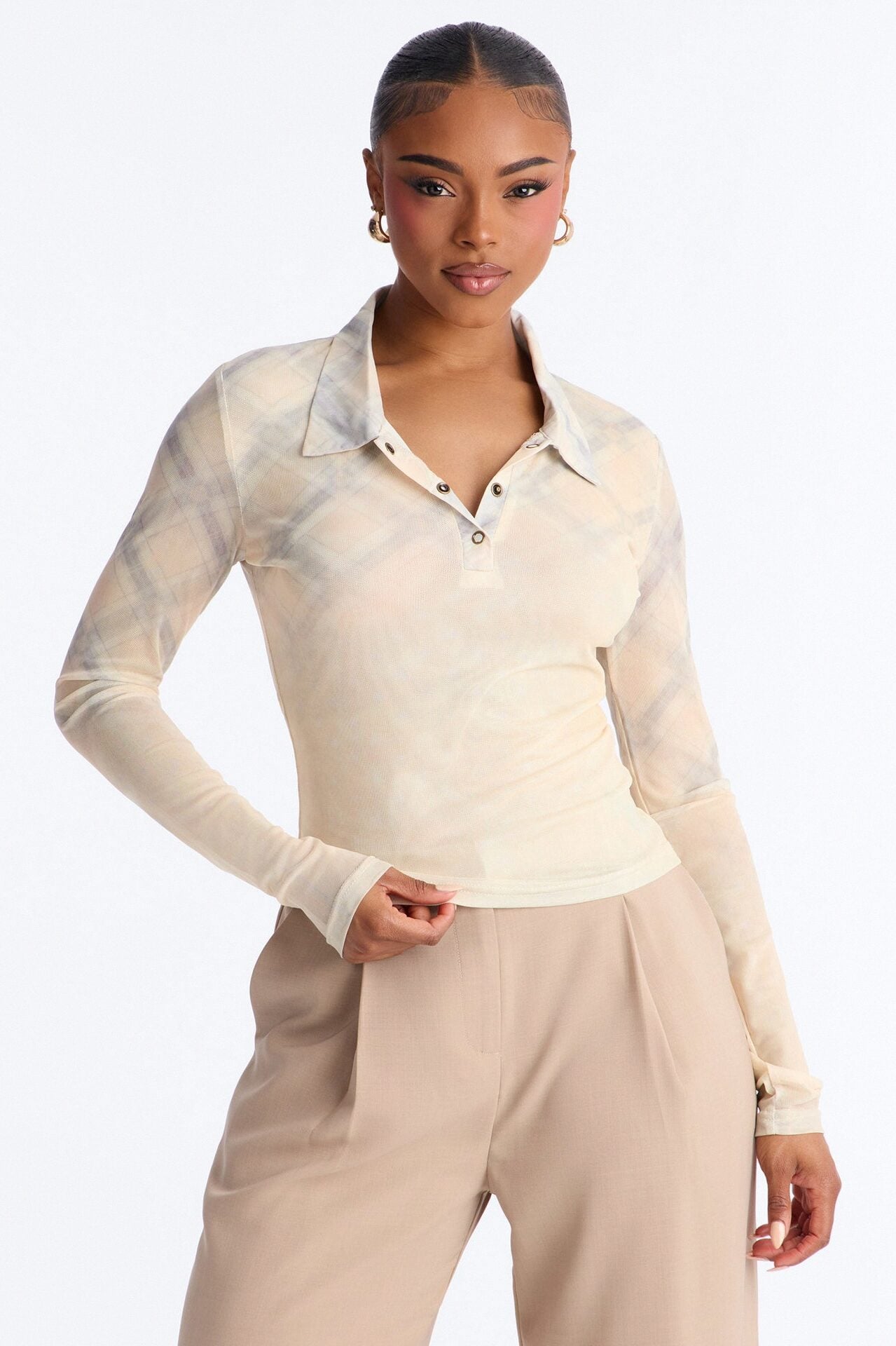 Street Grid Plaid Mesh Collar Long Sleeve Top - Yellow/combo image 1