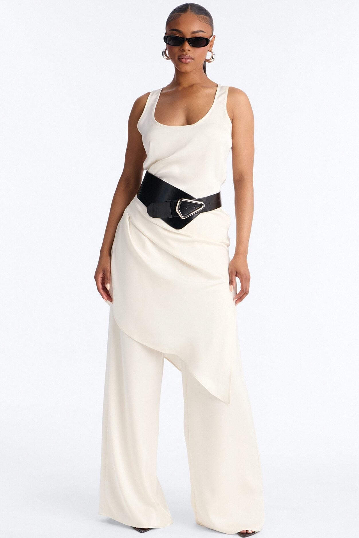 Oh So Chic Belted 3 Piece Satin Pant Set - Cream image 1