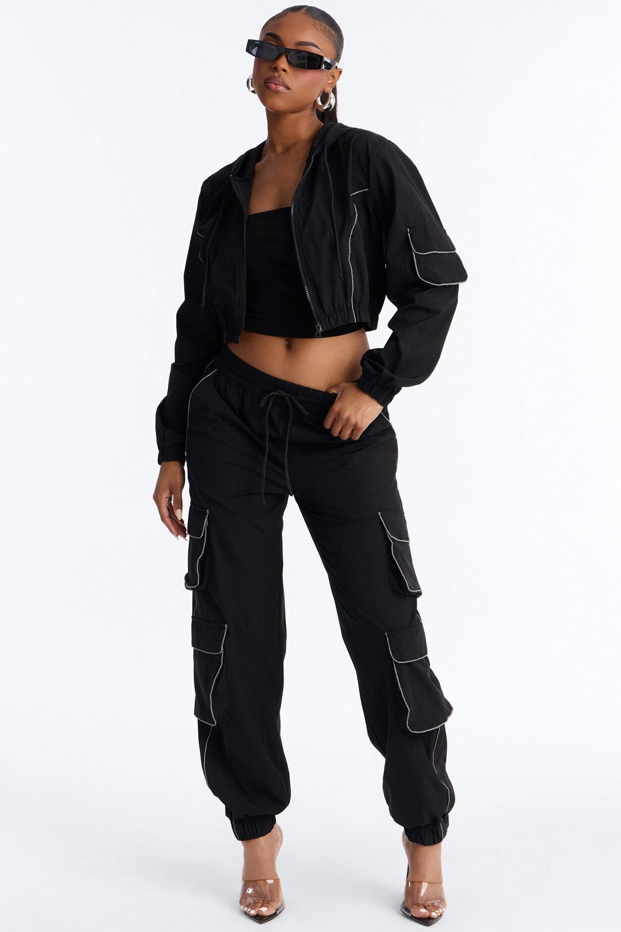 Nessa Nylon Cargo Hoodie Jogger Set - Black image 1