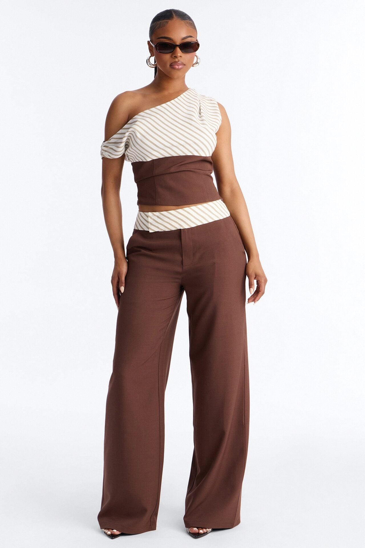 Georgia Striped Off The Shoulder Pant Set - Brown image 1
