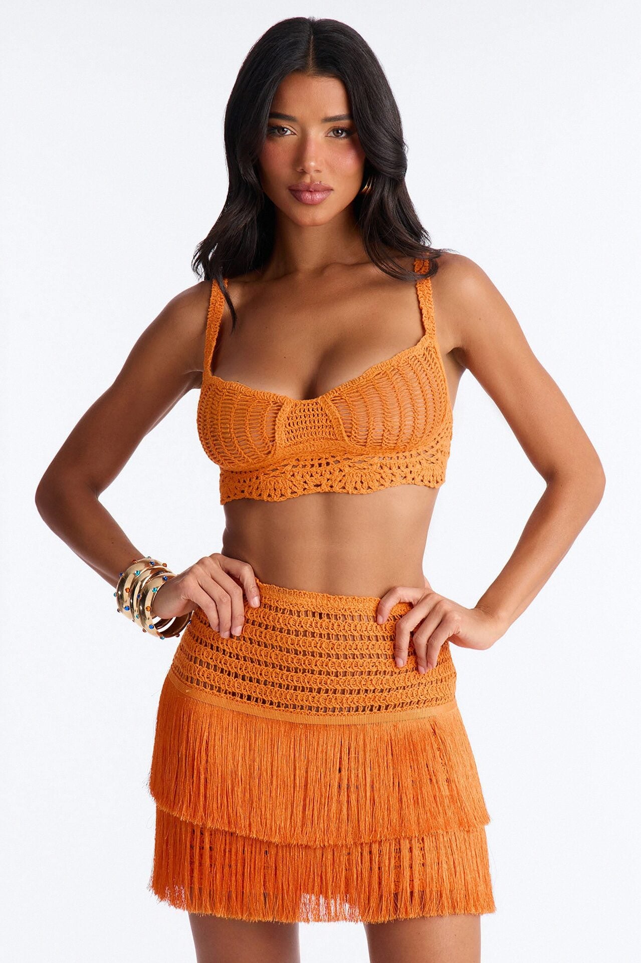 Coastal Crush Crochet Fringe Mini Skirt Set - Orange image 1