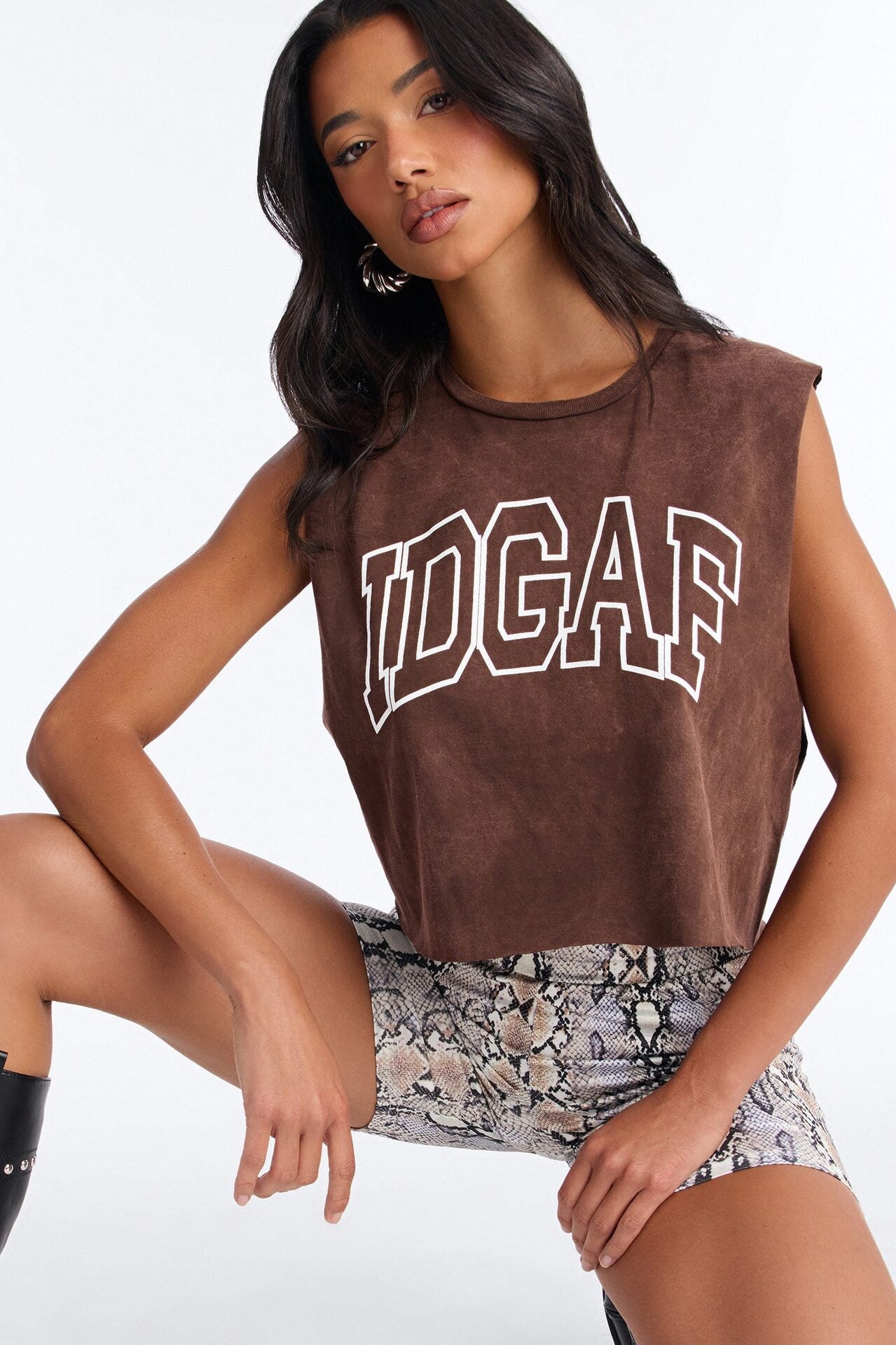 IDGAF Washed Cropped Muscle Tank - Brown image 1