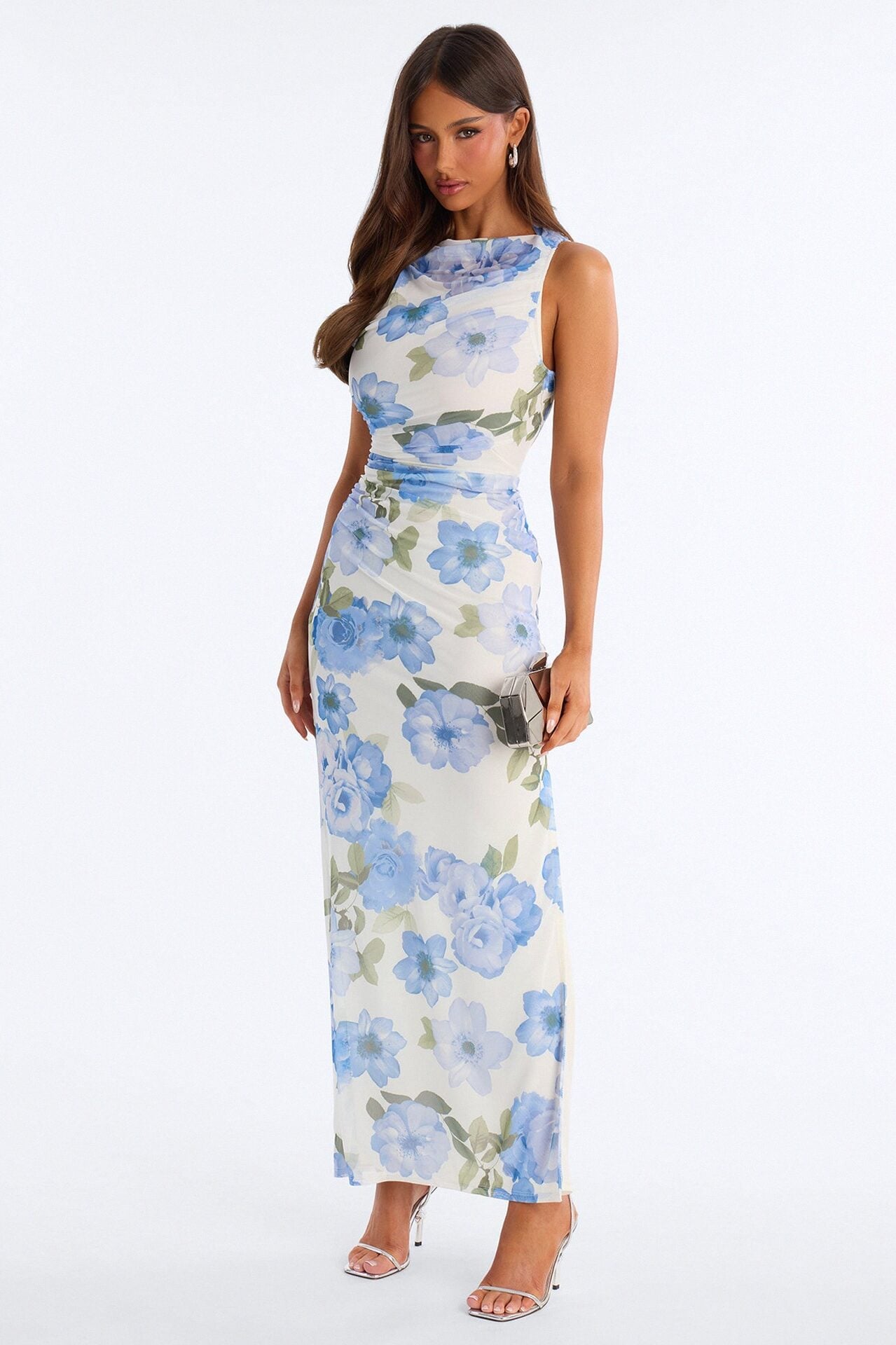 Skyla Ruched Mesh Maxi Dress - Blue/combo image 1