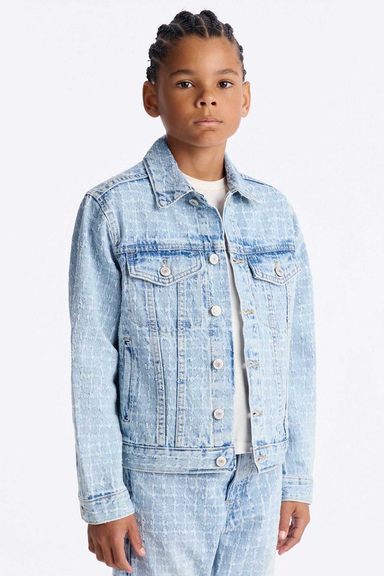 Mini Windowpane Denim Trucker Jacket - Light Wash image 1