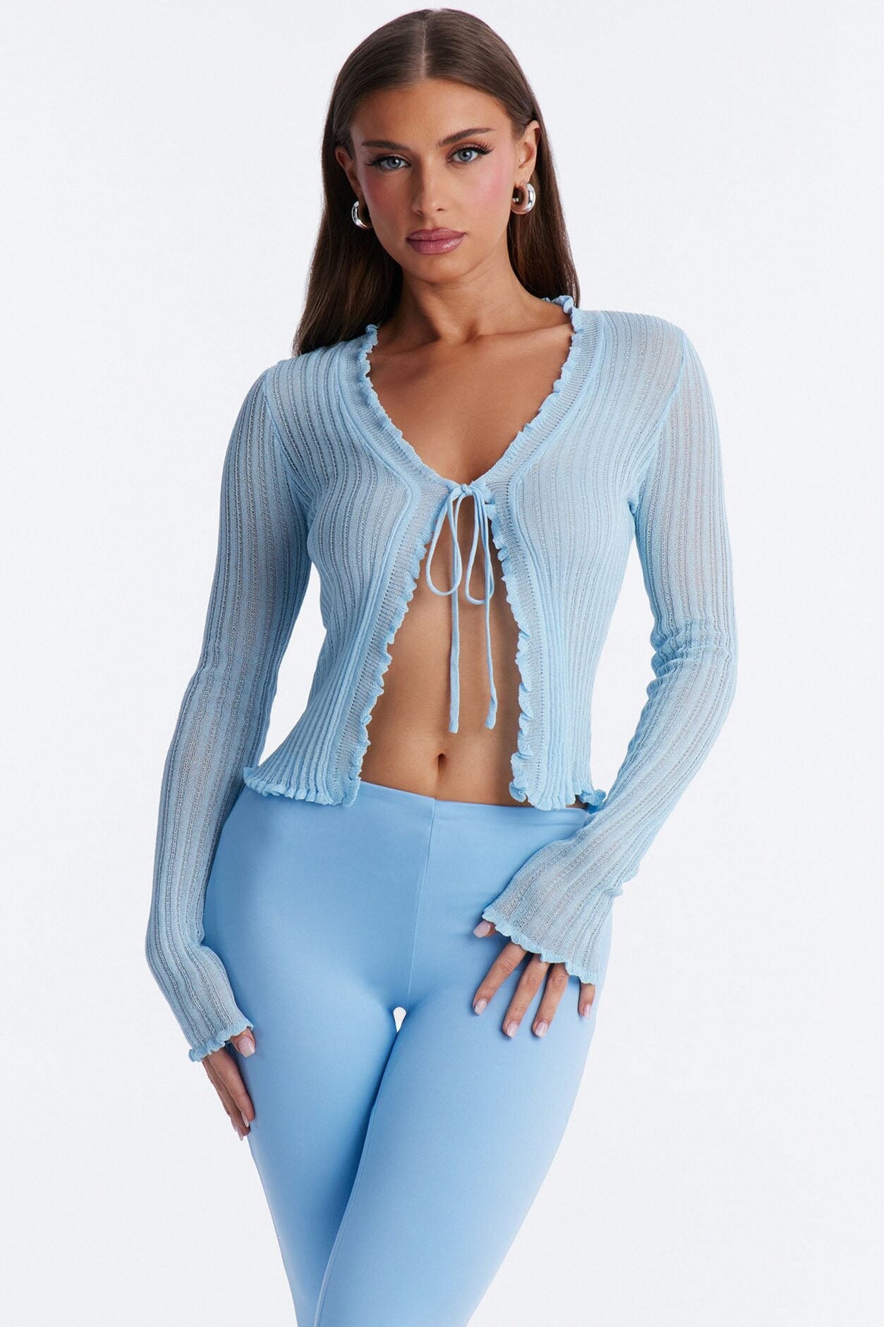 Styled In Sugar Ruffle Tie Front Cardigan - Light Blue image 1