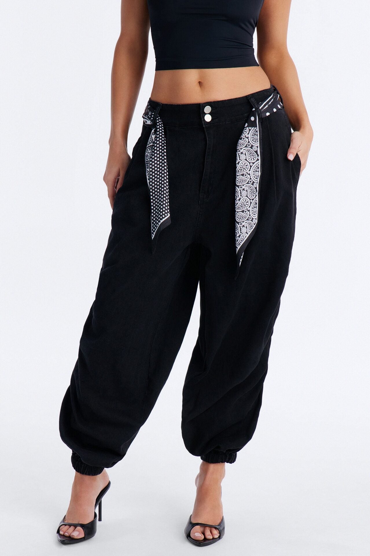 Midnight In Mykonos Scarf Belted Jogger Jeans - Black image 1