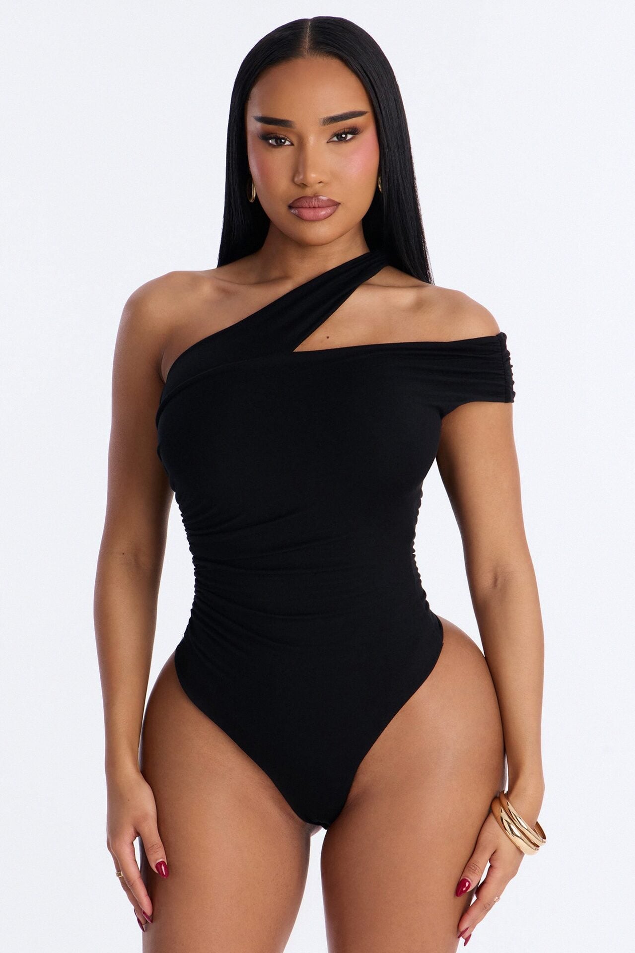 Been Here Before Ruched One Shoulder Bodysuit - Black image 1