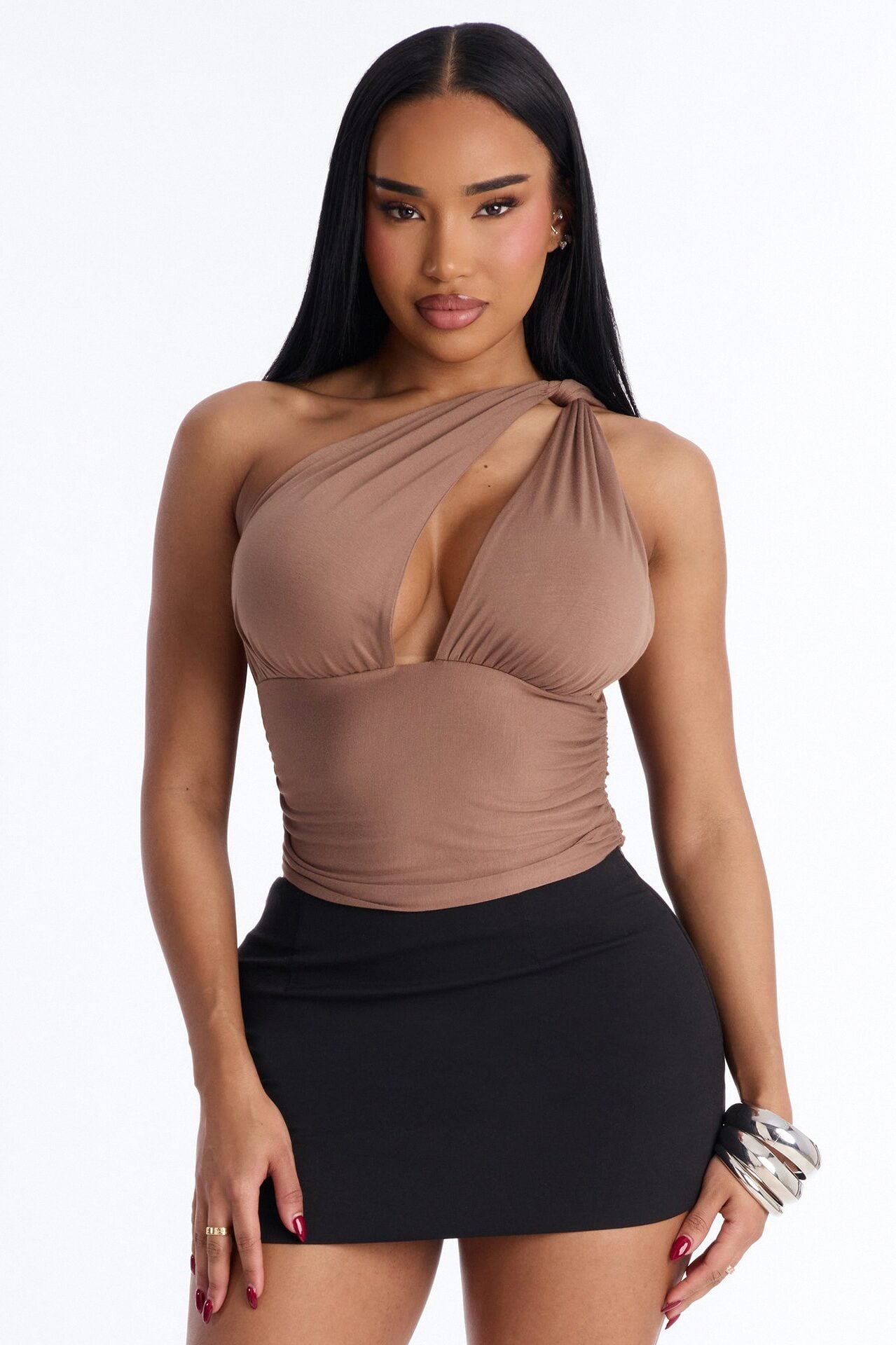 Side Attraction One Shoulder Ruched Top - Mocha image 1