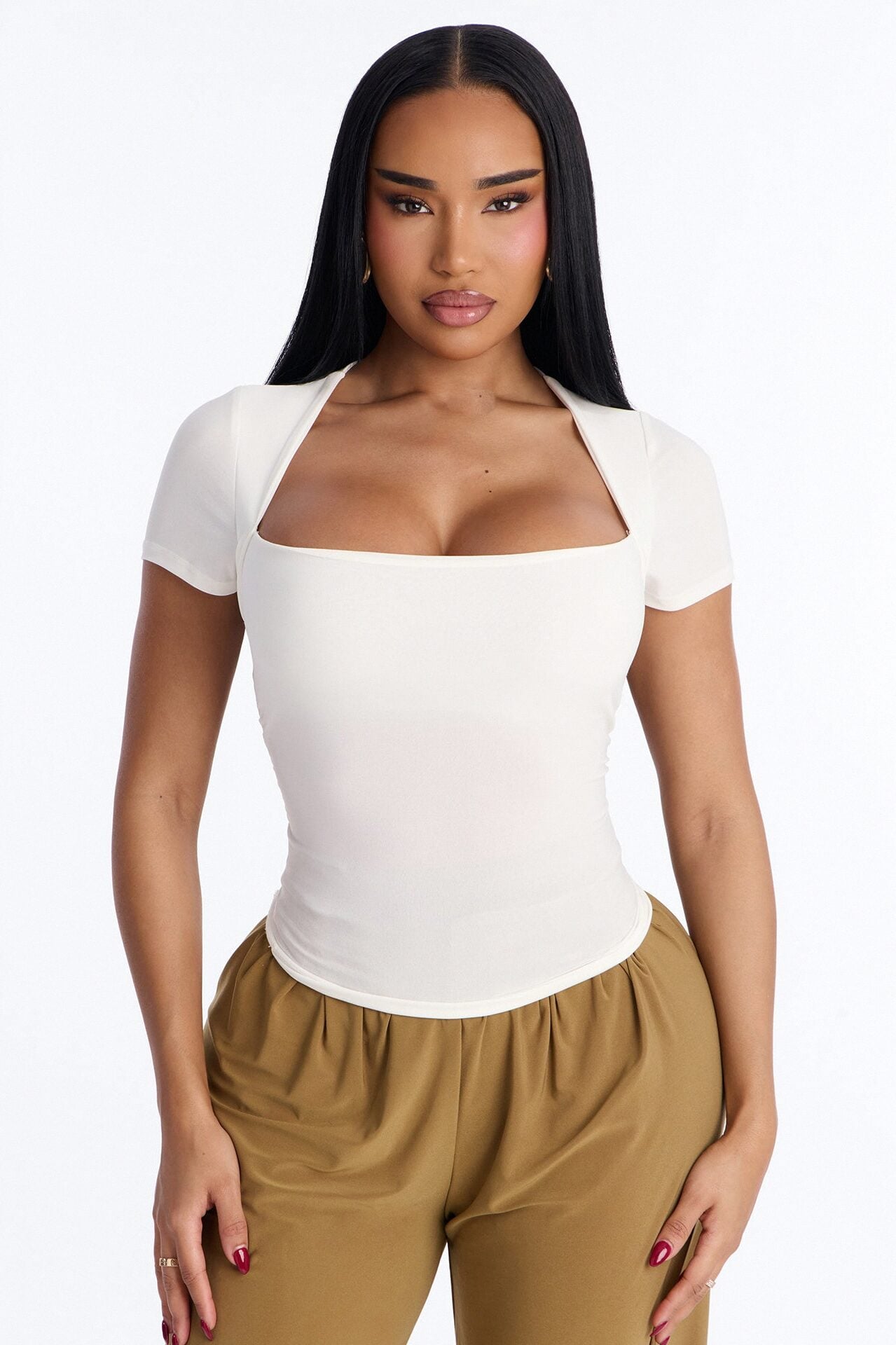 Emilie Ruched Square Neck Short Sleeve Top - Off White image 1