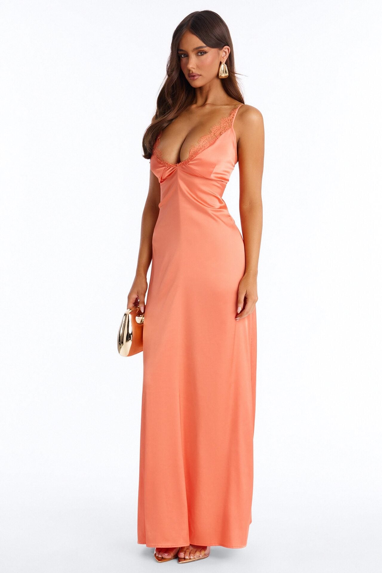 Klara Lace Trim Satin Maxi Dress - Orange image 1