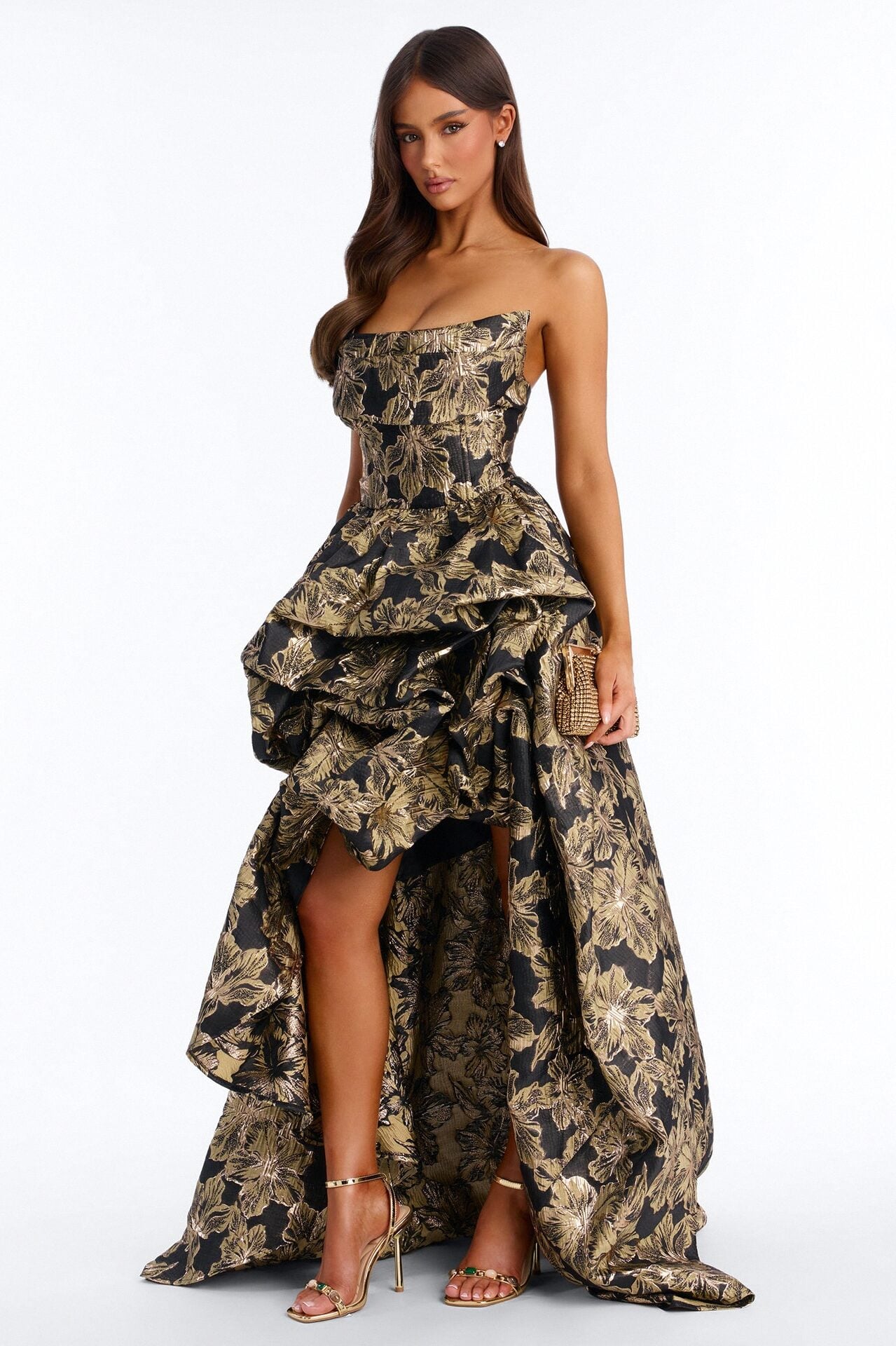 Ayla Strapless Jacquard Gown - Black/Gold image 1