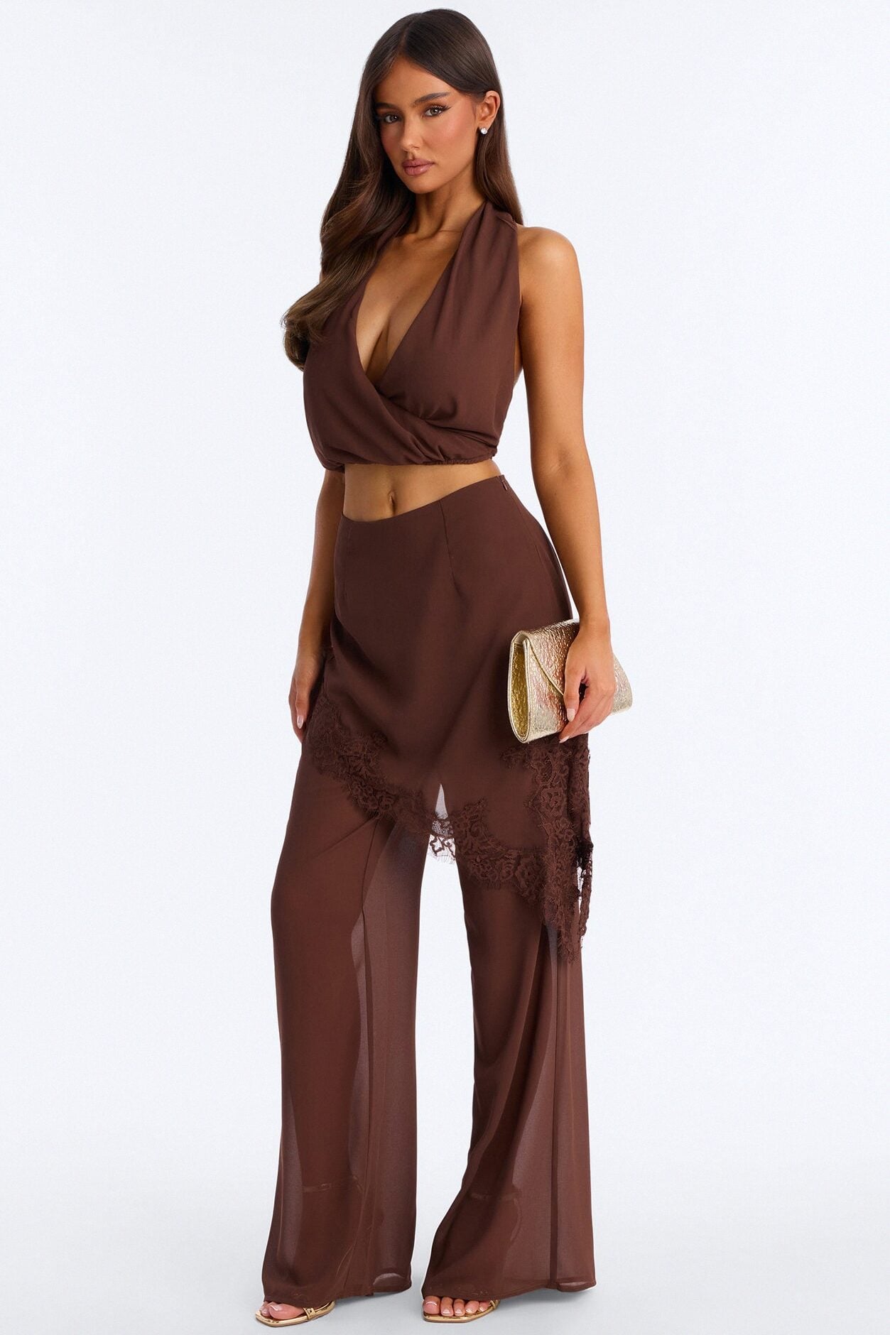 Current Mood Chiffon Halter Pant Set - Brown image 1